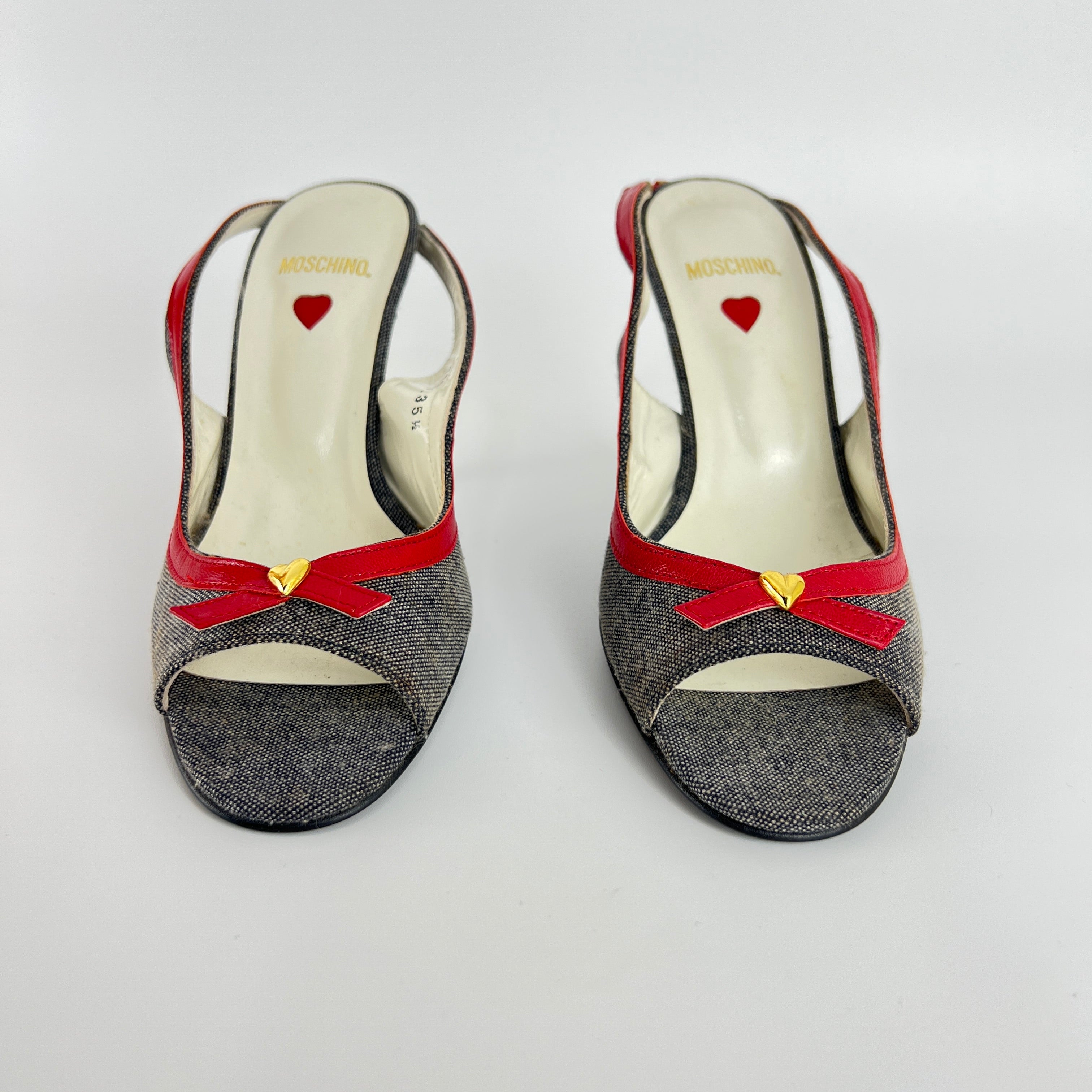 Moschino | Vintage Denim Red Leather Gold Heart Bow Slingback Peep Toe Pumps(35.5)
