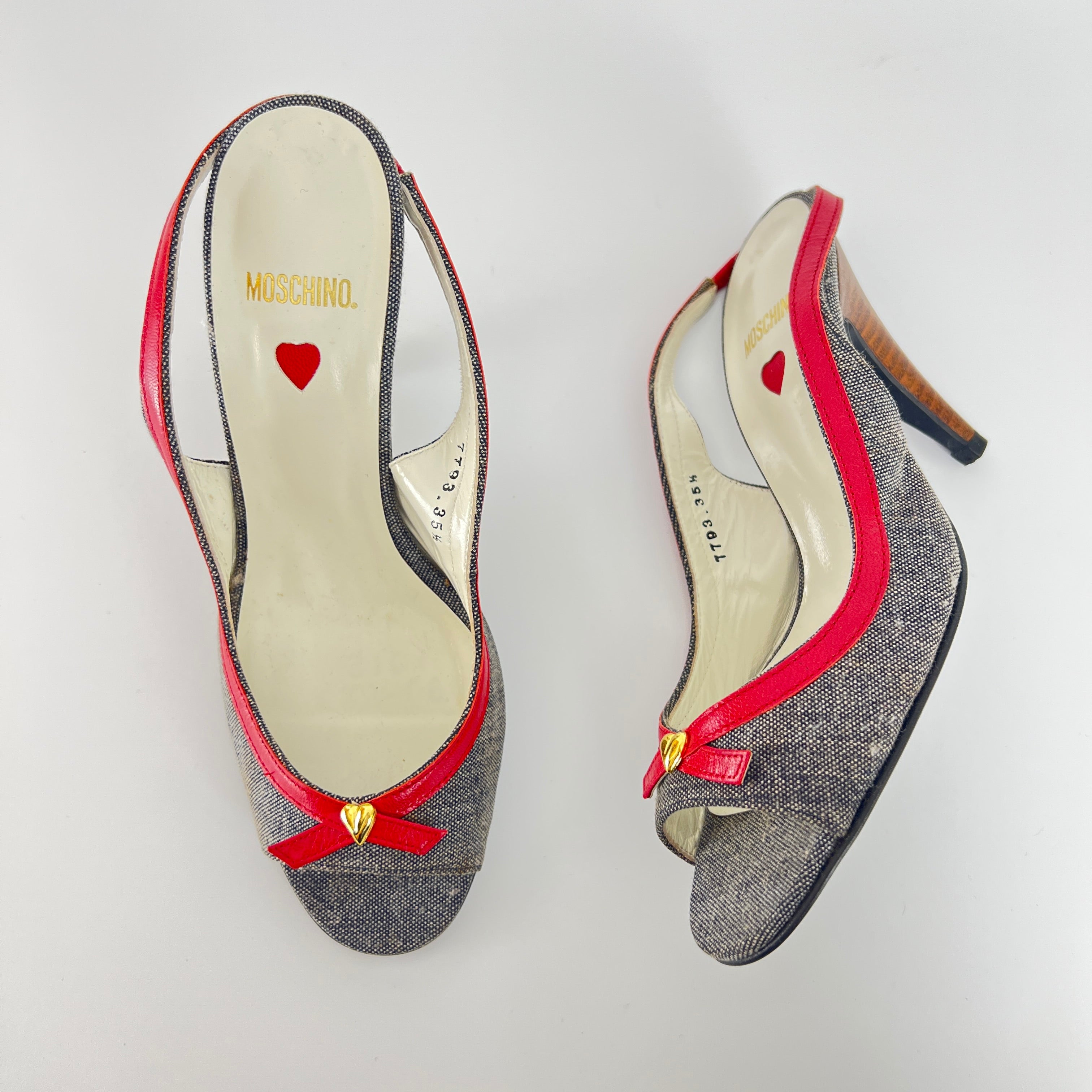 Moschino | Vintage Denim Red Leather Gold Heart Bow Slingback Peep Toe Pumps(35.5)