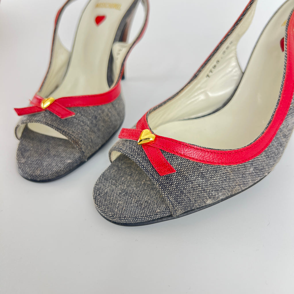 Moschino | Vintage Denim Red Leather Gold Heart Bow Slingback Peep Toe Pumps(35.5)