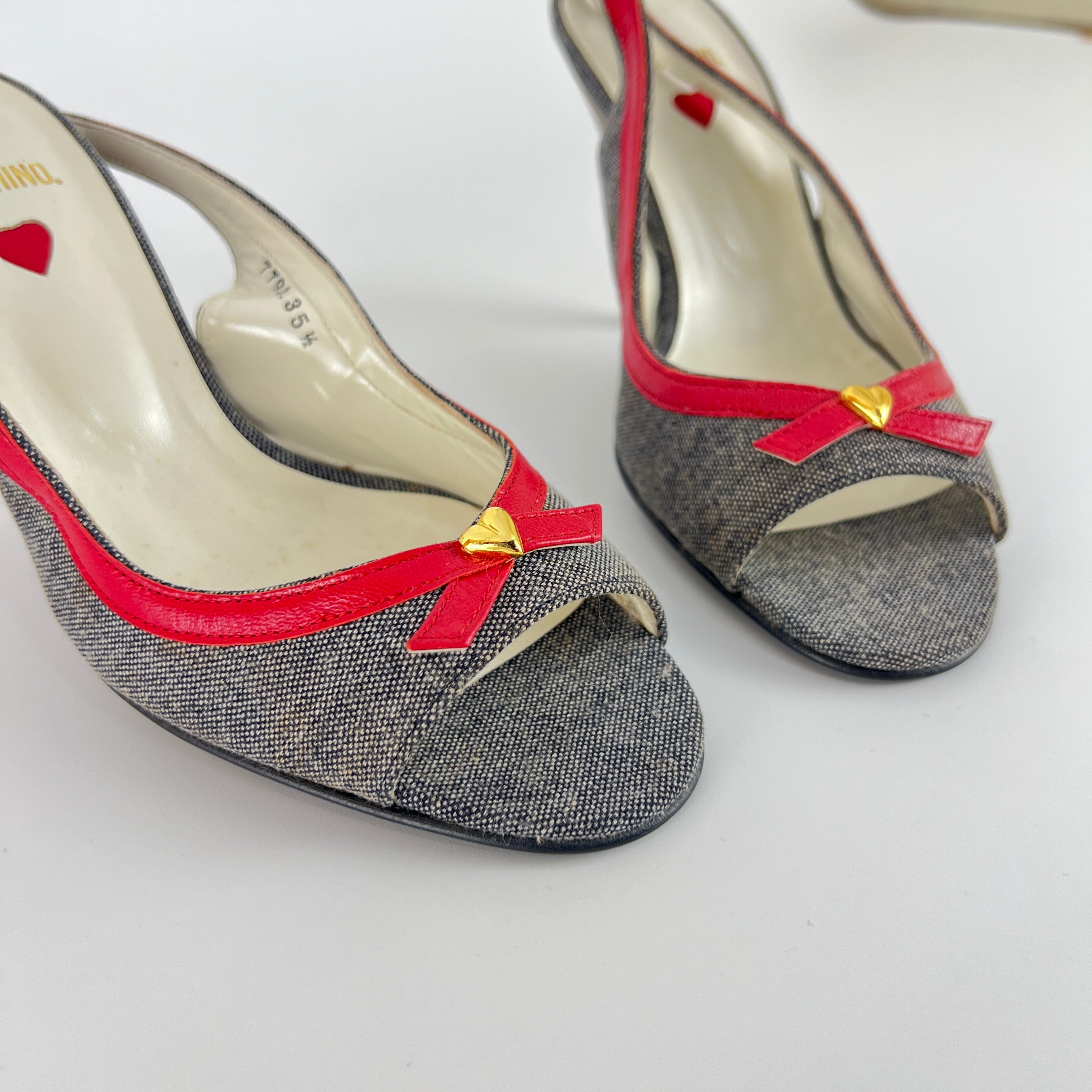 Moschino | Vintage Denim Red Leather Gold Heart Bow Slingback Peep Toe Pumps(35.5)