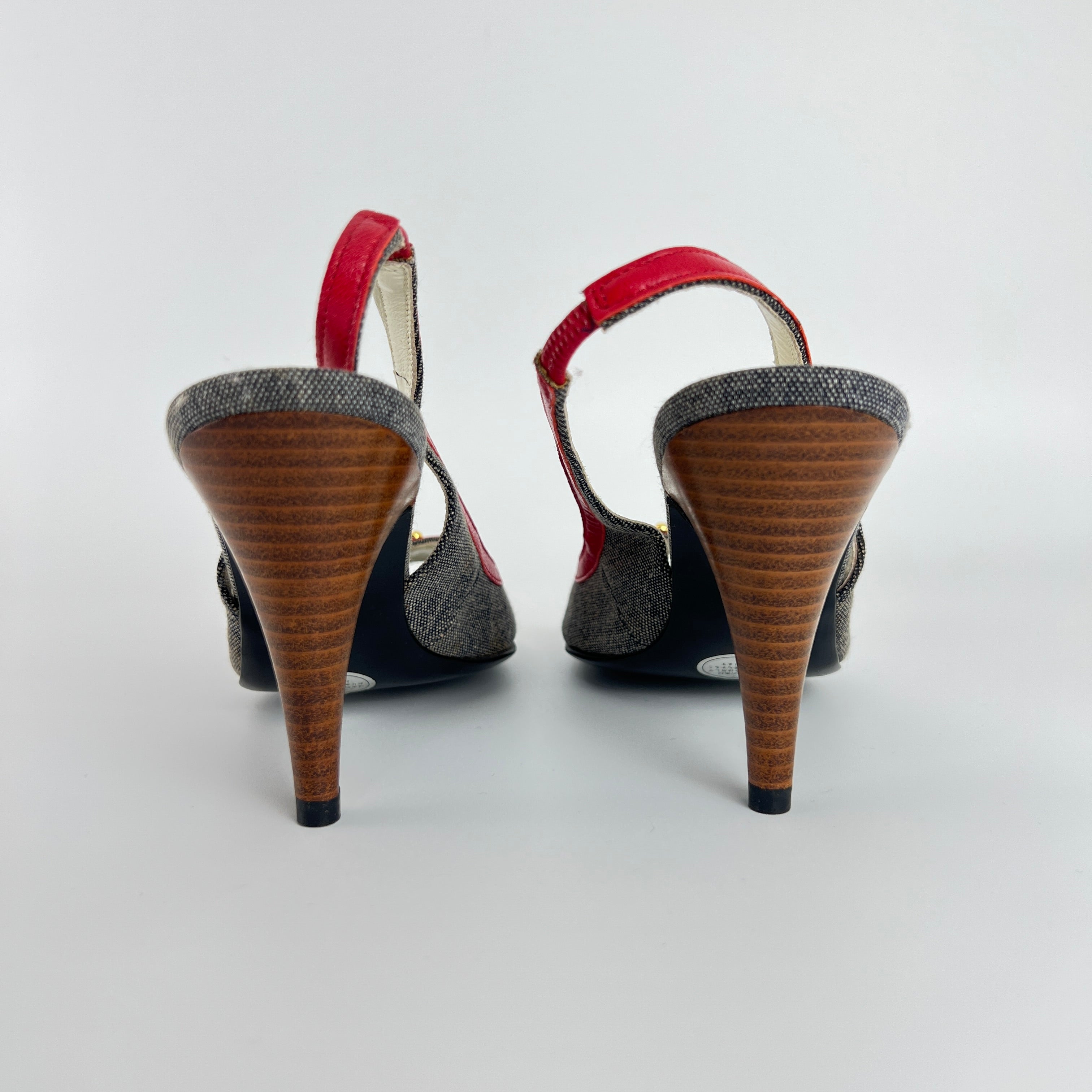 Moschino | Vintage Denim Red Leather Gold Heart Bow Slingback Peep Toe Pumps(35.5)