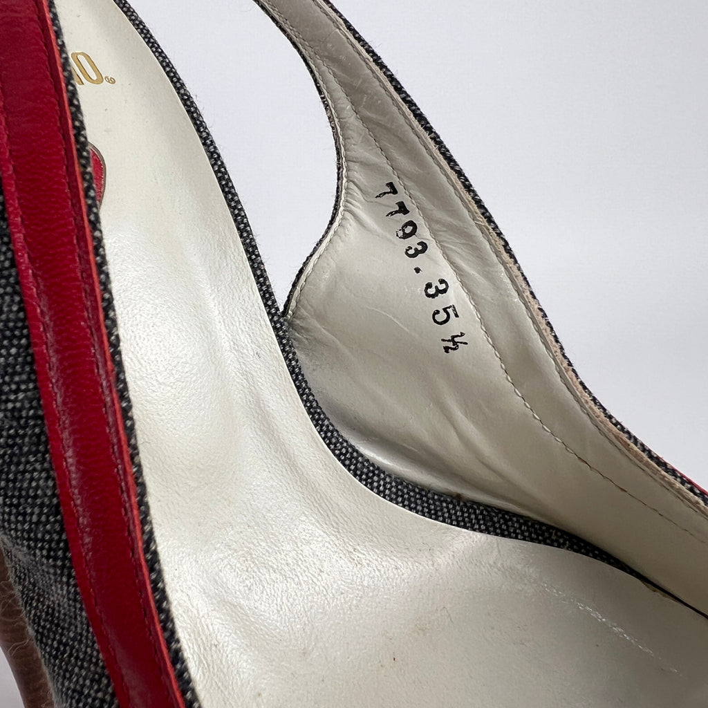Moschino | Vintage Denim Red Leather Gold Heart Bow Slingback Peep Toe Pumps(35.5)