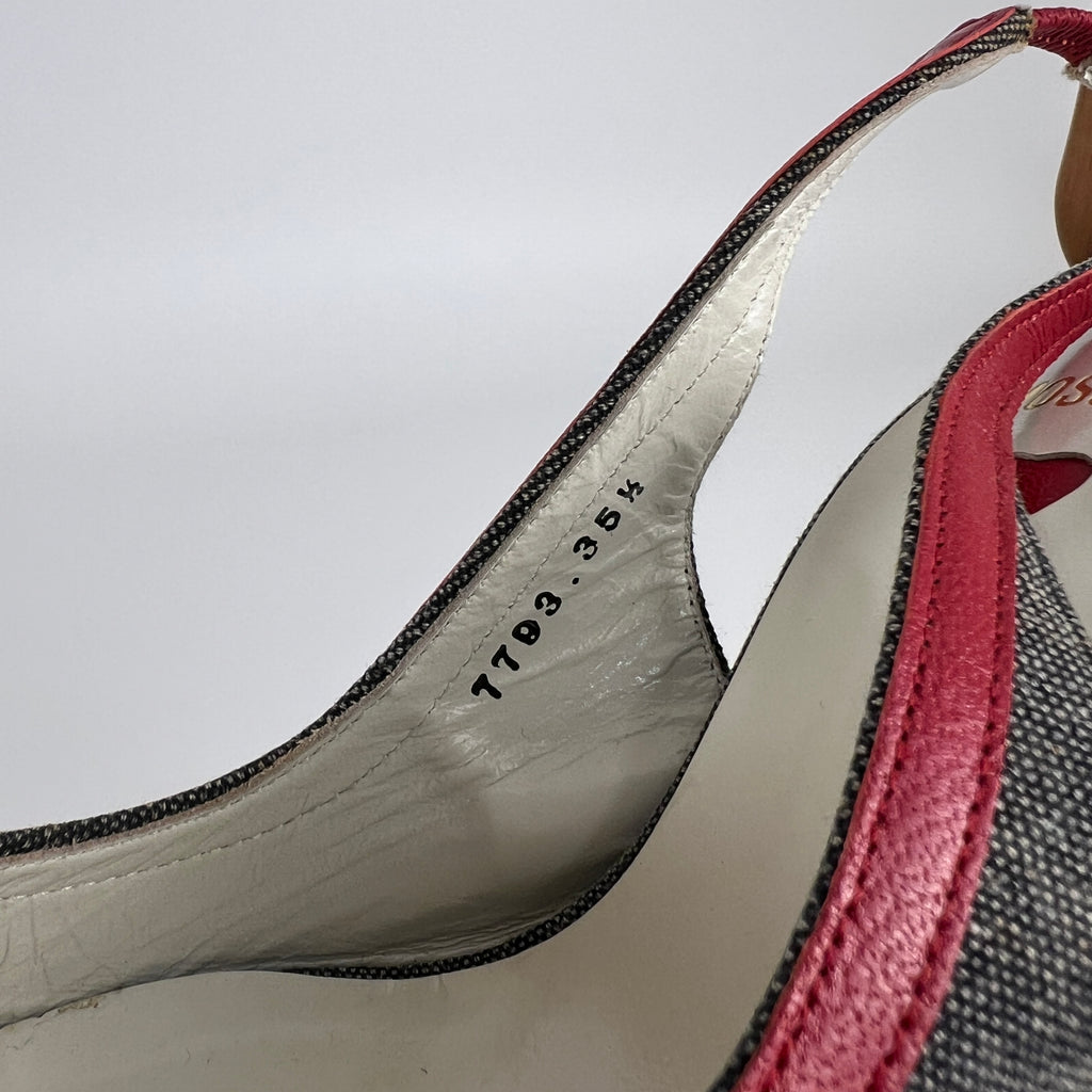 Moschino | Vintage Denim Red Leather Gold Heart Bow Slingback Peep Toe Pumps(35.5)