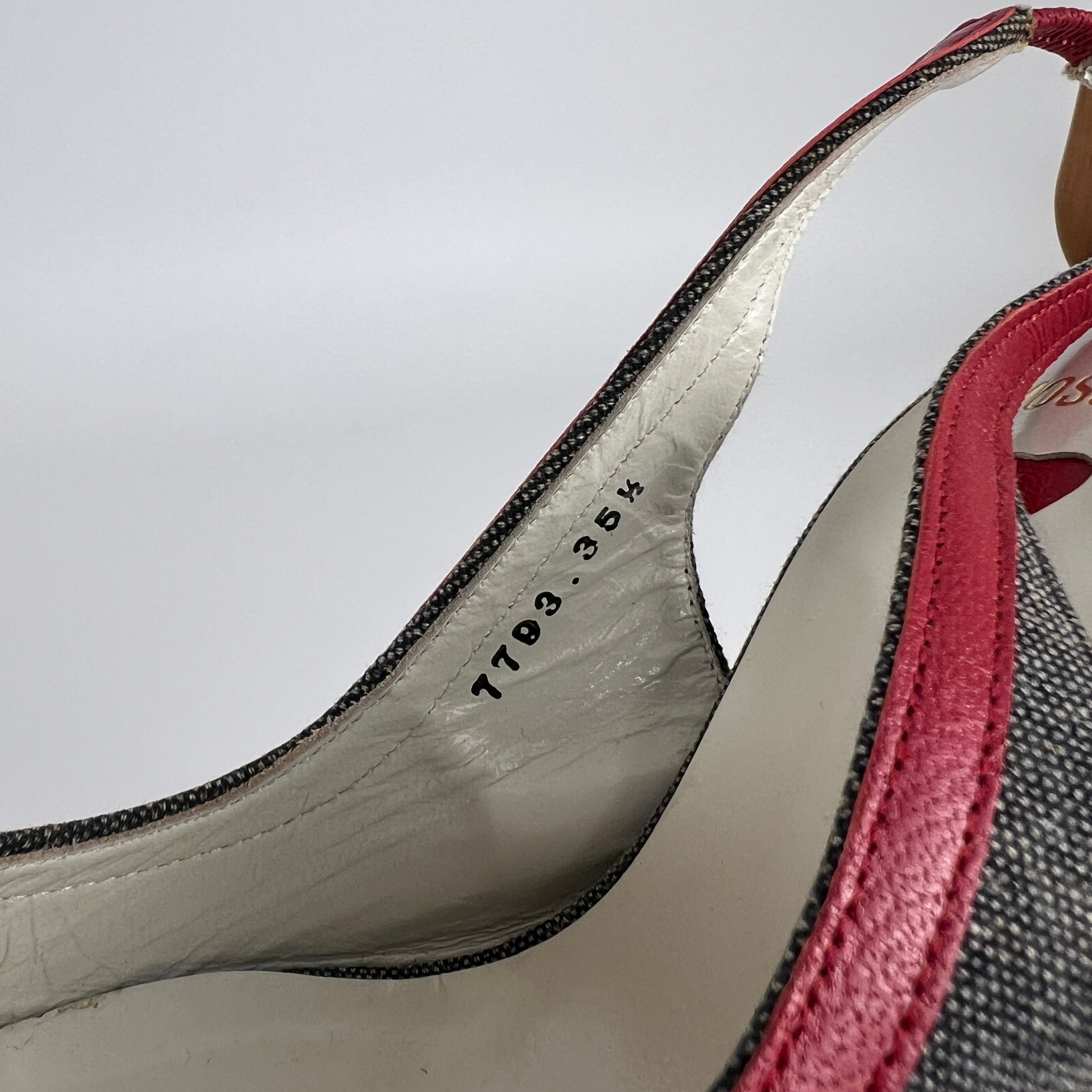 Moschino | Vintage Denim Red Leather Gold Heart Bow Slingback Peep Toe Pumps(35.5)