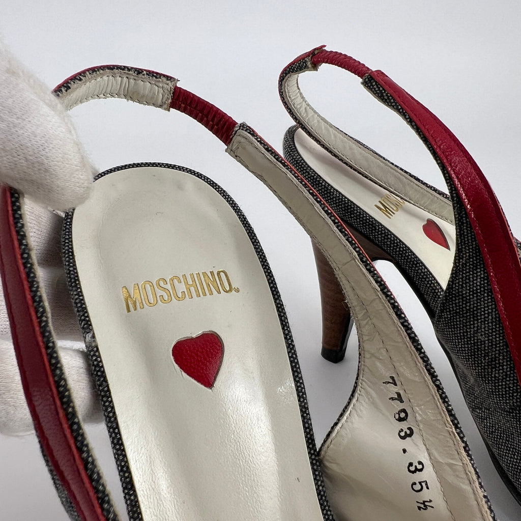 Moschino | Vintage Denim Red Leather Gold Heart Bow Slingback Peep Toe Pumps(35.5)