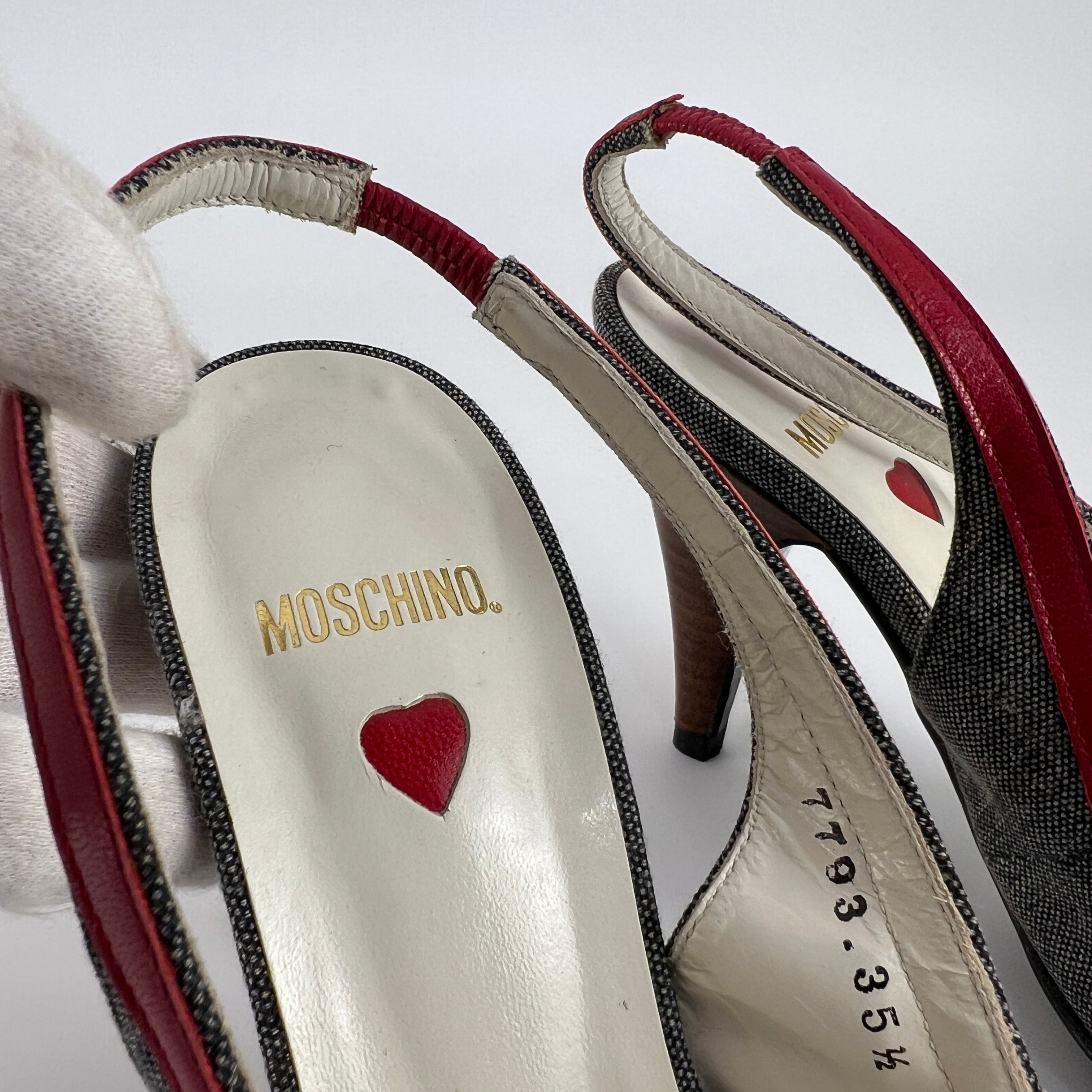 Moschino | Vintage Denim Red Leather Gold Heart Bow Slingback Peep Toe Pumps(35.5)