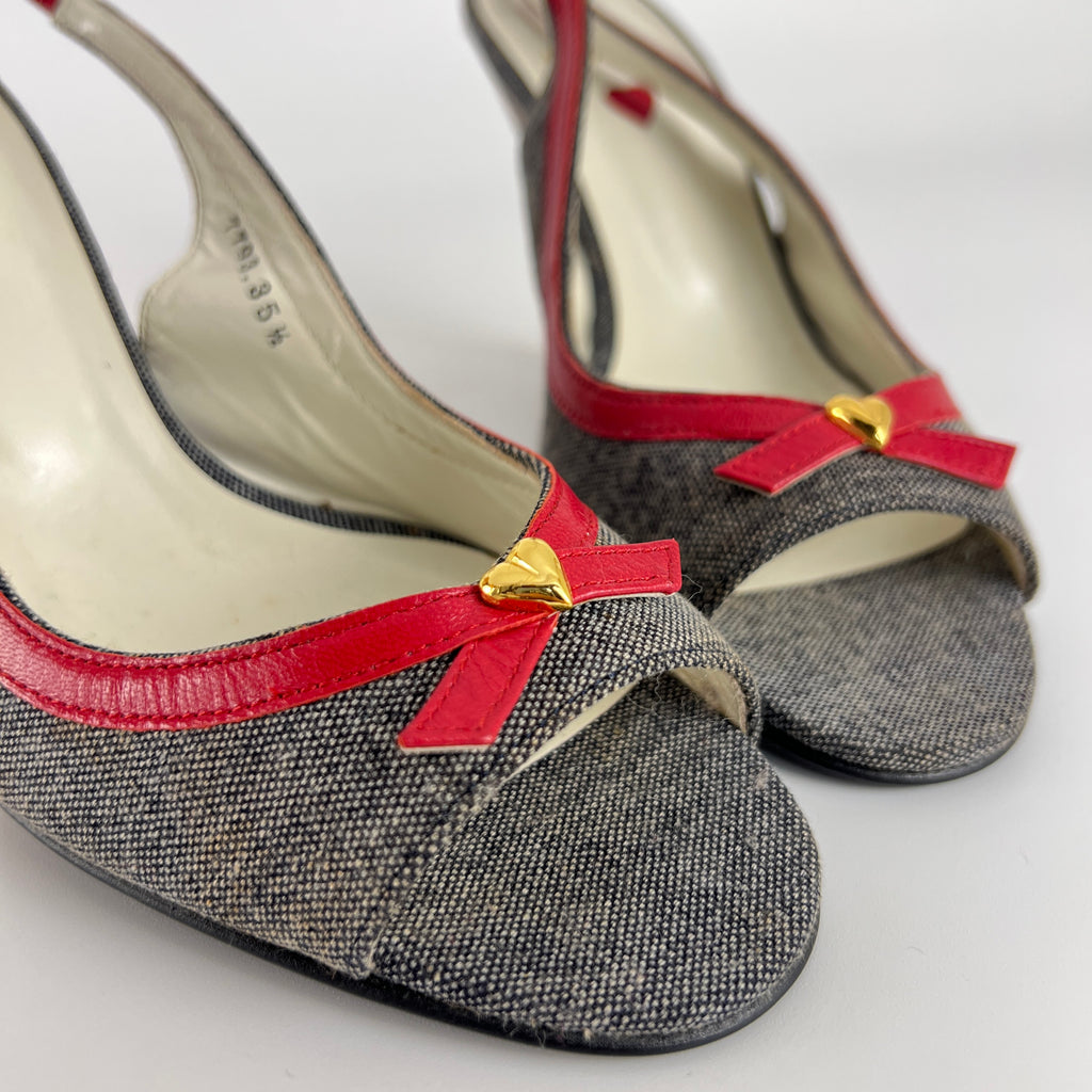Moschino | Vintage Denim Red Leather Gold Heart Bow Slingback Peep Toe Pumps(35.5)