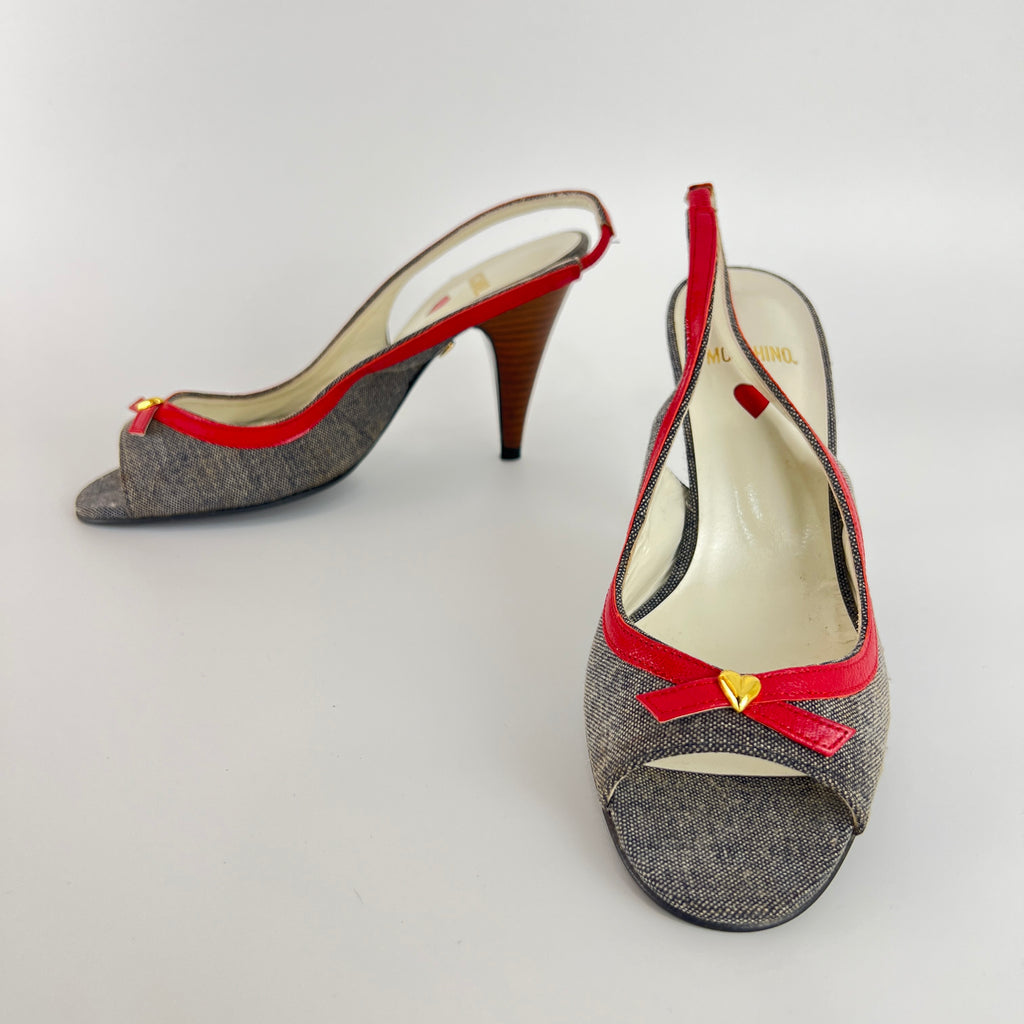 Moschino | Vintage Denim Red Leather Gold Heart Bow Slingback Peep Toe Pumps(35.5)