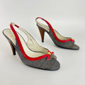 Moschino | Vintage Denim Red Leather Gold Heart Bow Slingback Peep Toe Pumps(35.5)