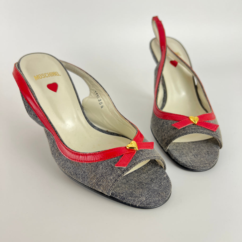 Moschino | Vintage Denim Red Leather Gold Heart Bow Slingback Peep Toe Pumps(35.5)