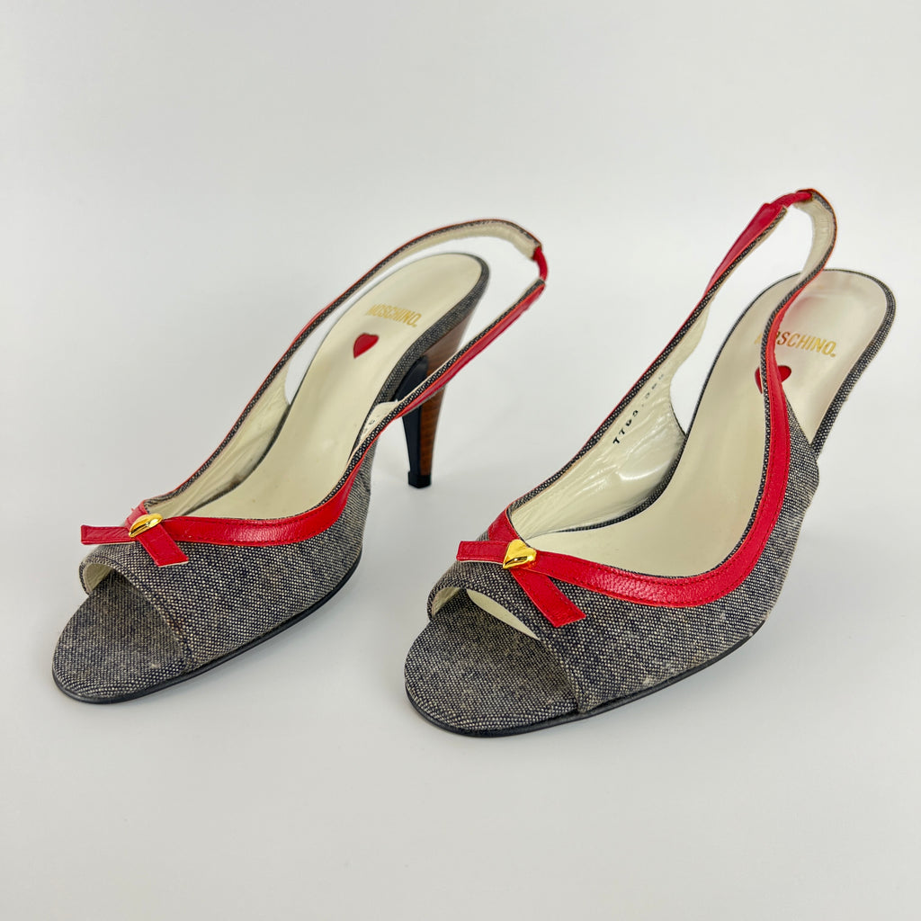 Moschino | Vintage Denim Red Leather Gold Heart Bow Slingback Peep Toe Pumps(35.5)