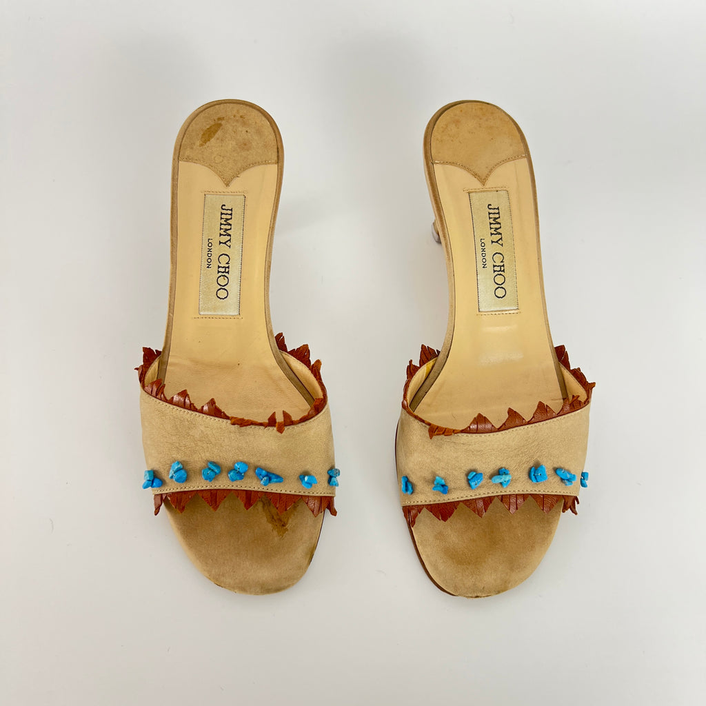 Jimmy Choo | Vintage 90s Beige Leather Turquoise Stud Brown Fringe Mule Y2K(36)