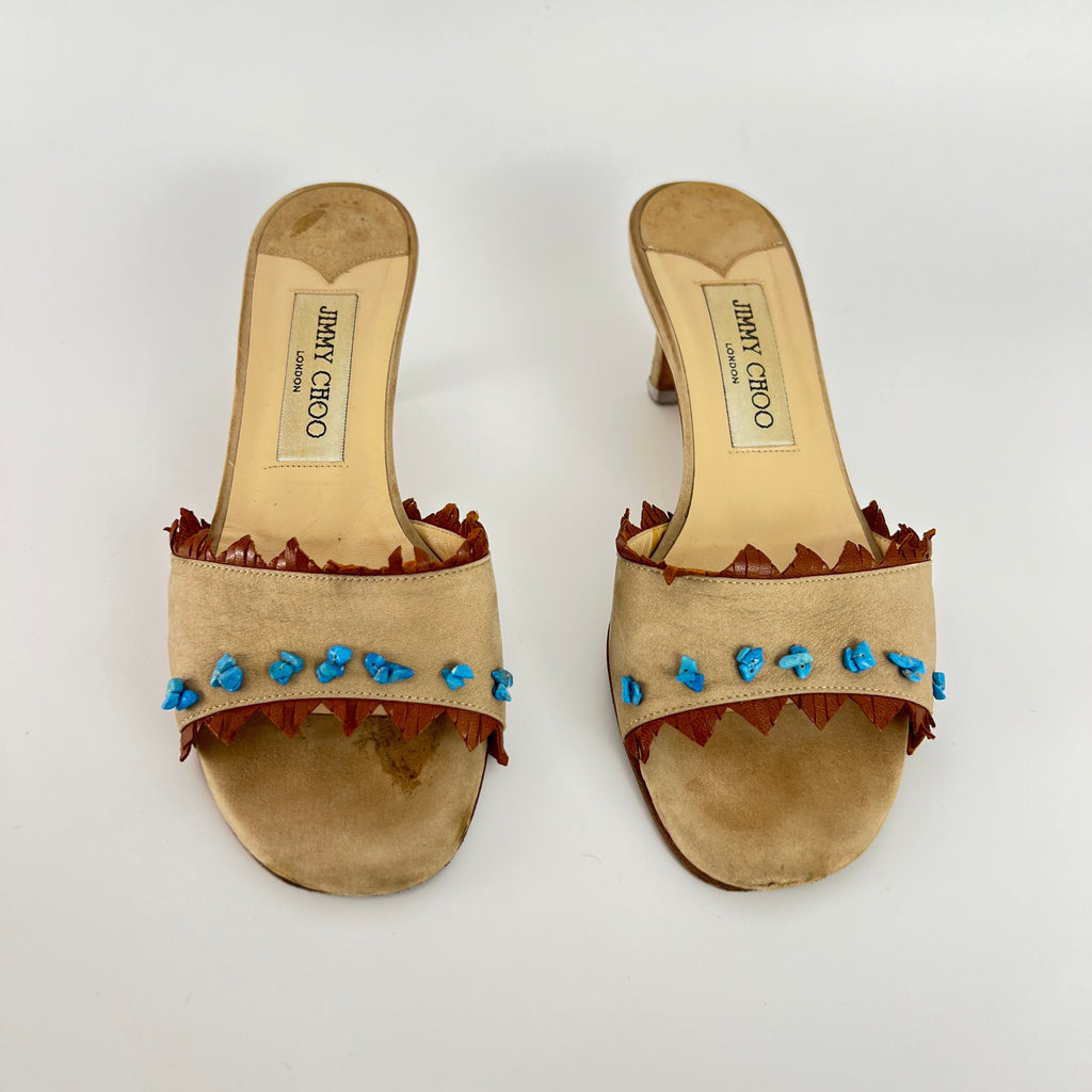 Jimmy Choo | Vintage 90s Beige Leather Turquoise Stud Brown Fringe Mule Y2K(36)