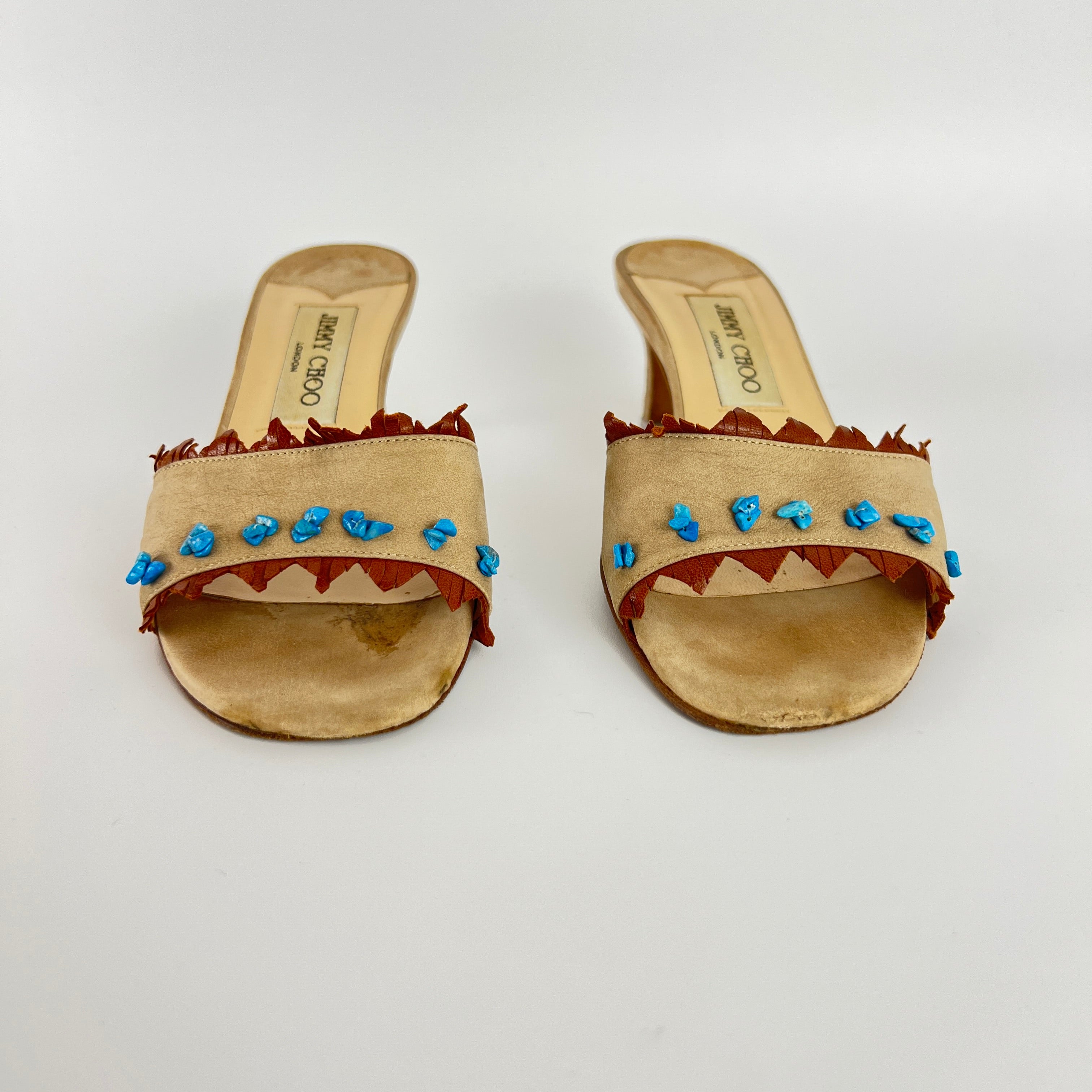 Jimmy Choo | Vintage 90s Beige Leather Turquoise Stud Brown Fringe Mule Y2K(36)