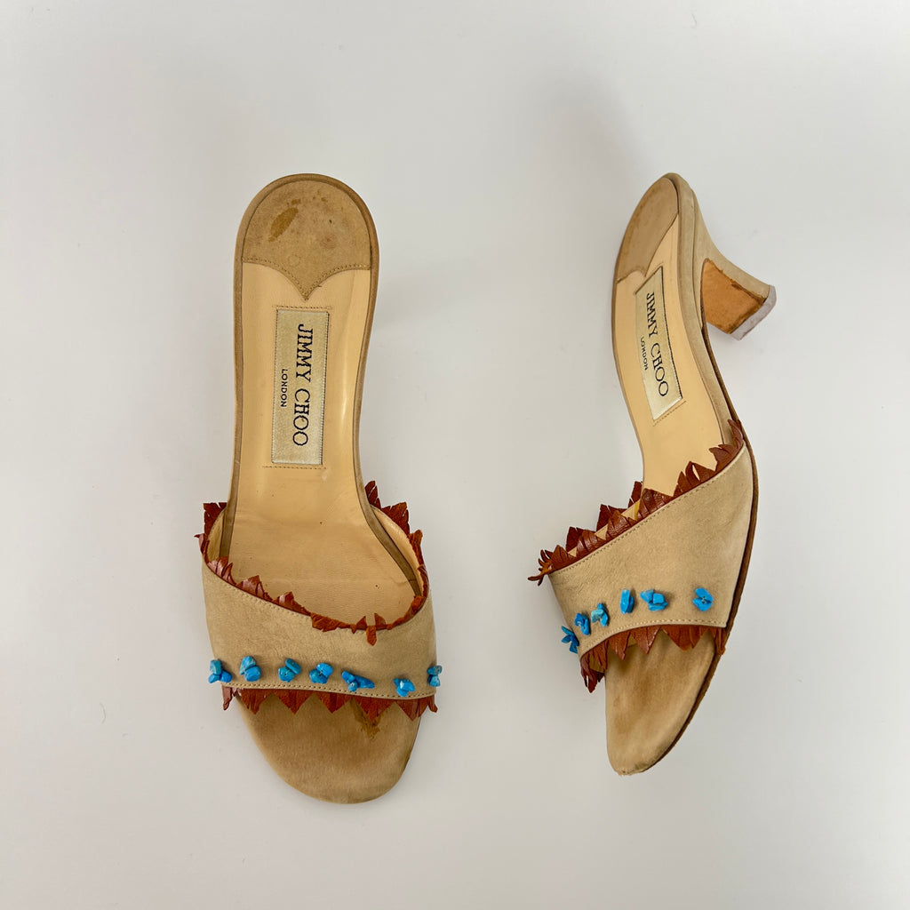 Jimmy Choo | Vintage 90s Beige Leather Turquoise Stud Brown Fringe Mule Y2K(36)