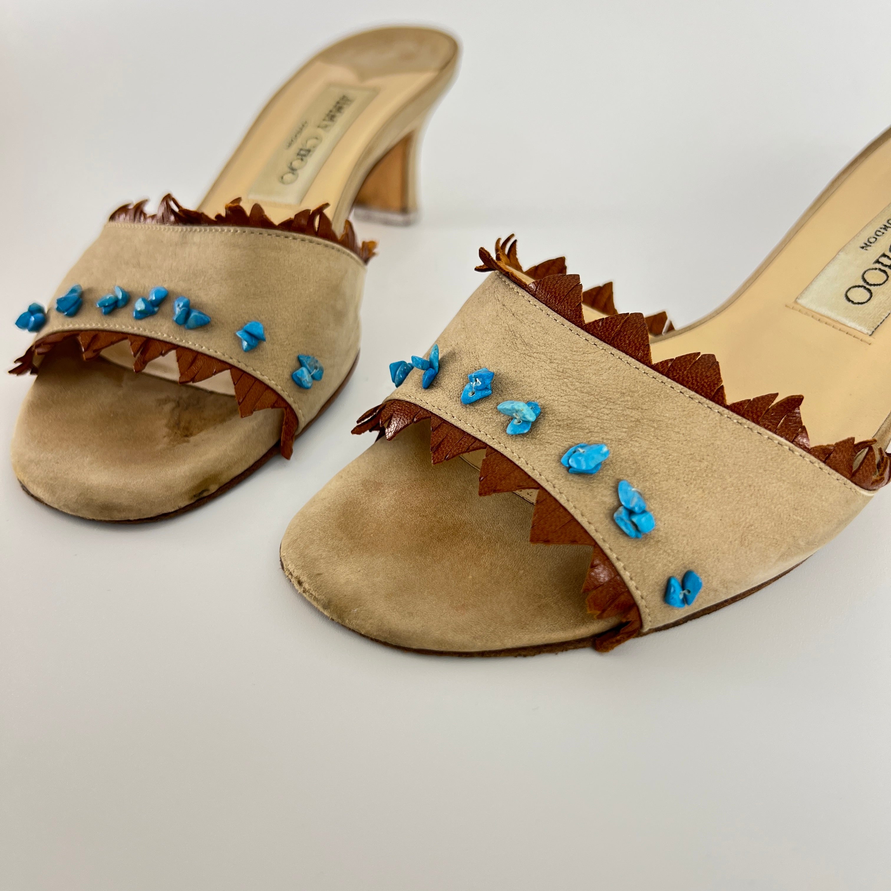 Jimmy Choo | Vintage 90s Beige Leather Turquoise Stud Brown Fringe Mule Y2K(36)