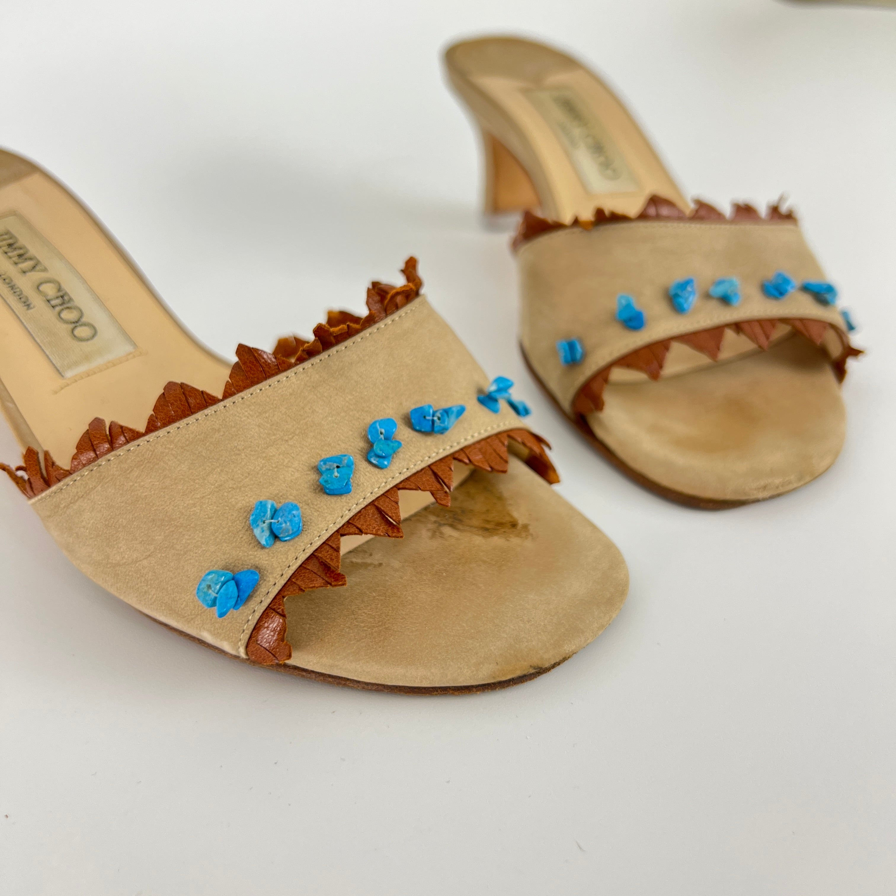Jimmy Choo | Vintage 90s Beige Leather Turquoise Stud Brown Fringe Mule Y2K(36)