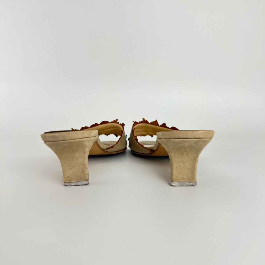 Jimmy Choo | Vintage 90s Beige Leather Turquoise Stud Brown Fringe Mule Y2K(36)