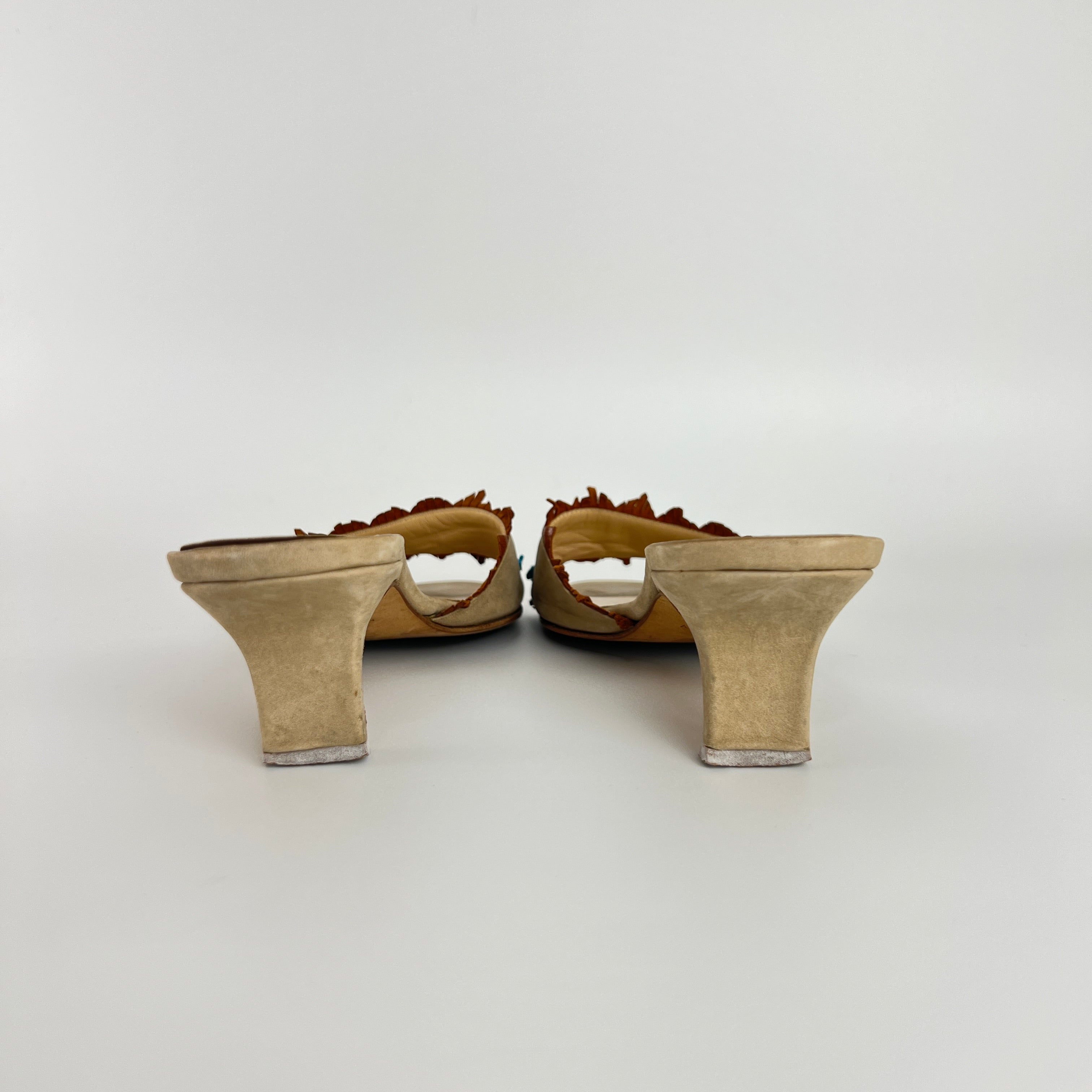 Jimmy Choo | Vintage 90s Beige Leather Turquoise Stud Brown Fringe Mule Y2K(36)
