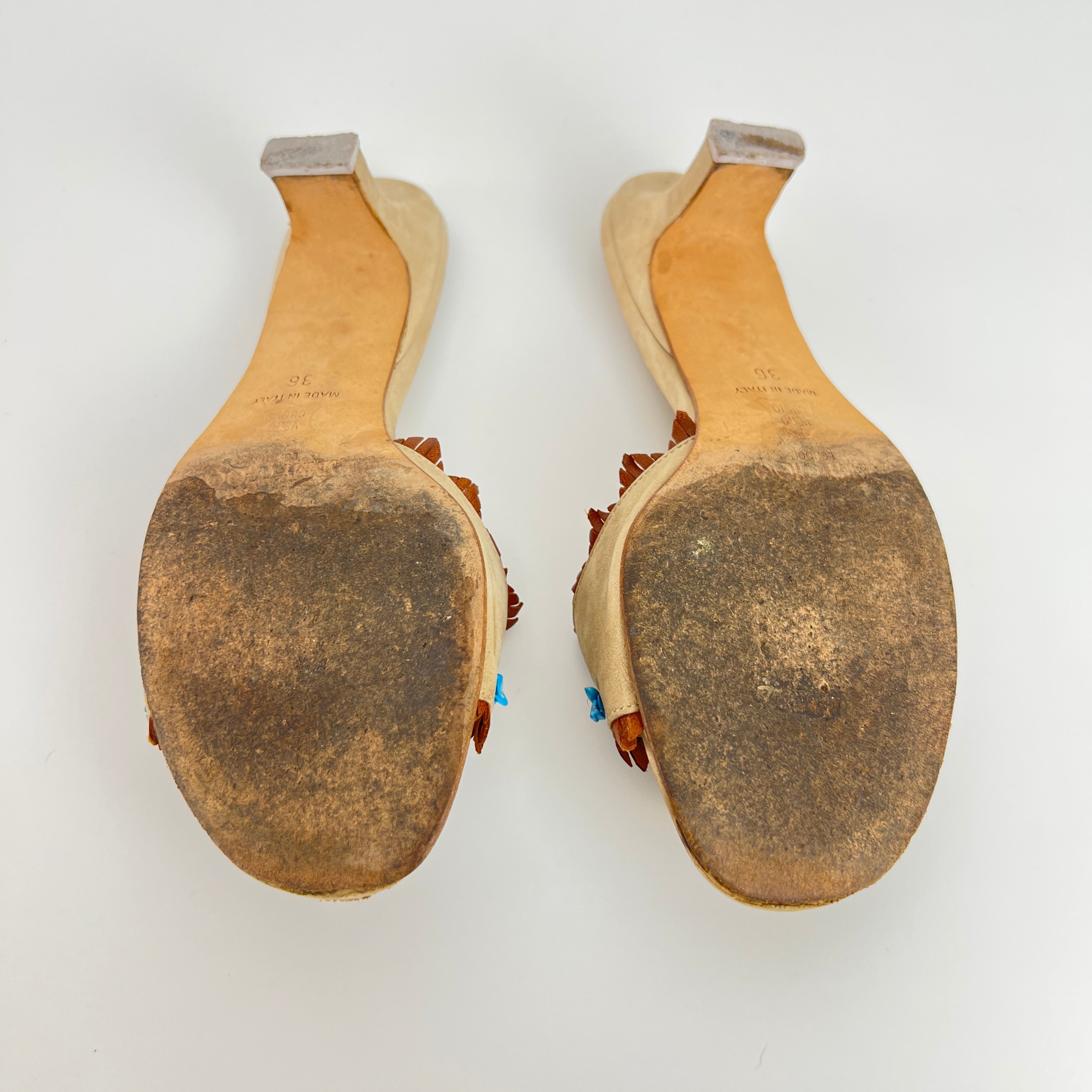 Jimmy Choo | Vintage 90s Beige Leather Turquoise Stud Brown Fringe Mule Y2K(36)