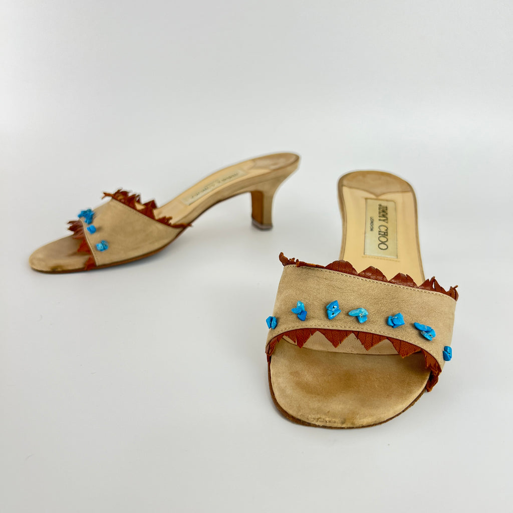 Jimmy Choo | Vintage 90s Beige Leather Turquoise Stud Brown Fringe Mule Y2K(36)