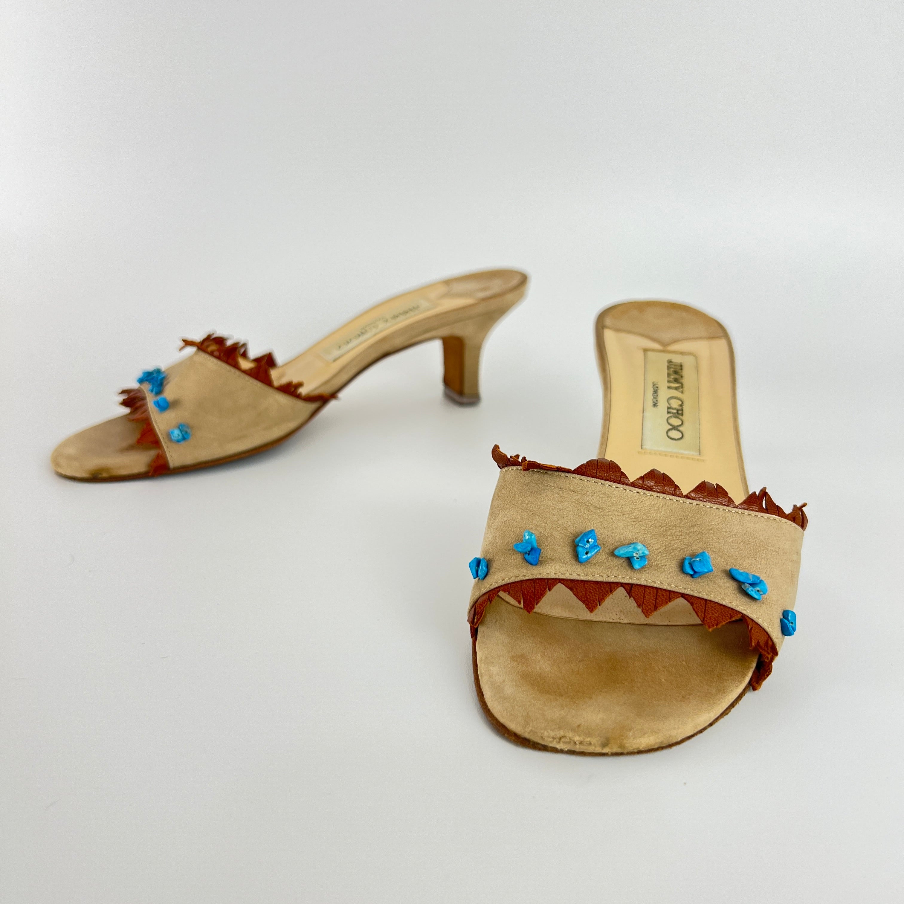 Jimmy Choo | Vintage 90s Beige Leather Turquoise Stud Brown Fringe Mule Y2K(36)