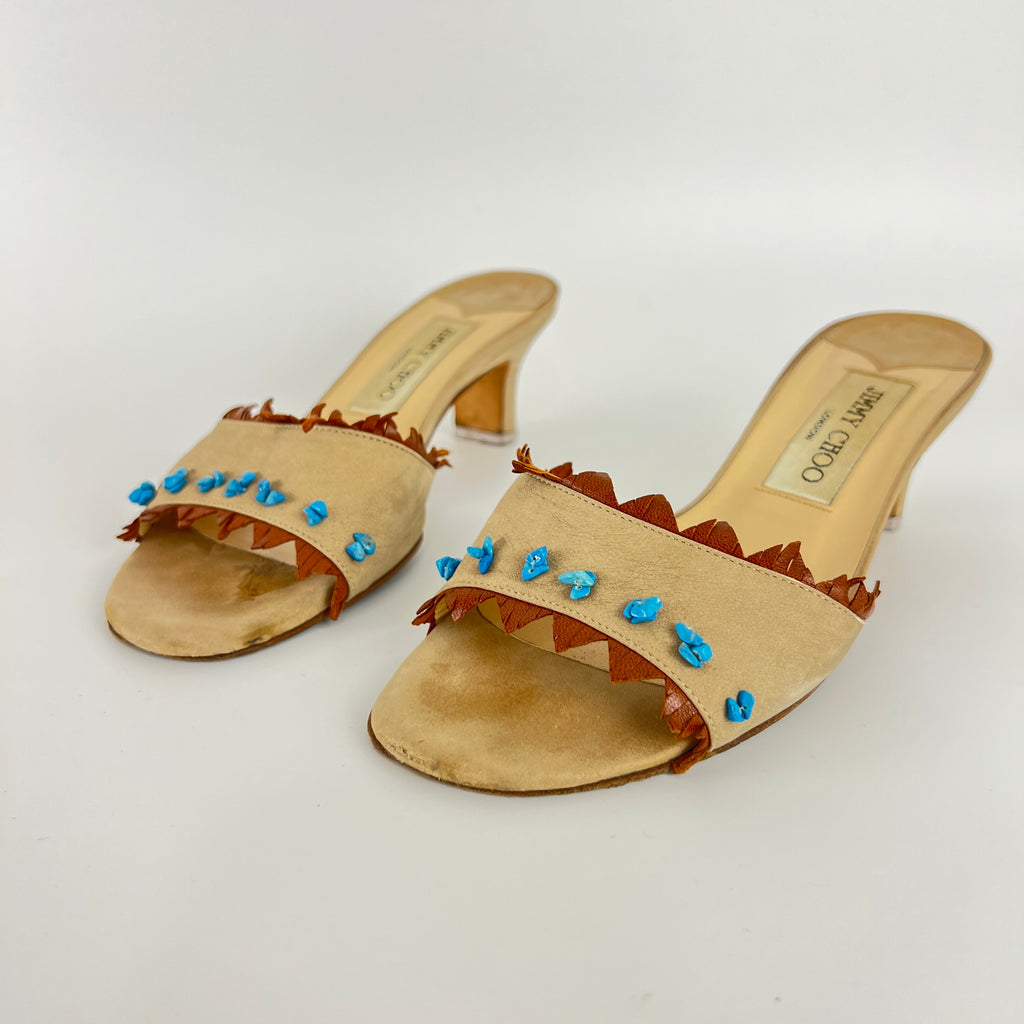 Jimmy Choo | Vintage 90s Beige Leather Turquoise Stud Brown Fringe Mule Y2K(36)