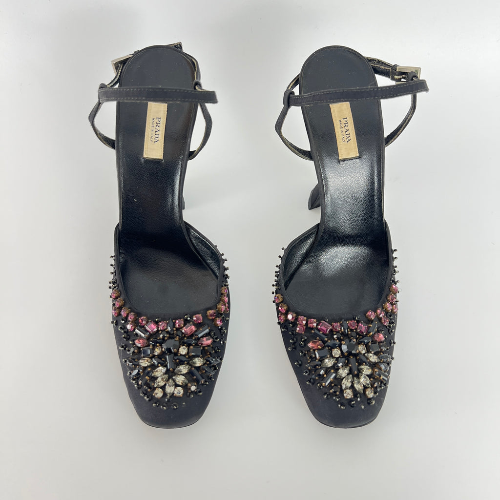 Prada | Vintage Black Satin Purple Beaded Curved Heel Ankle Strap Y2K (37.5)