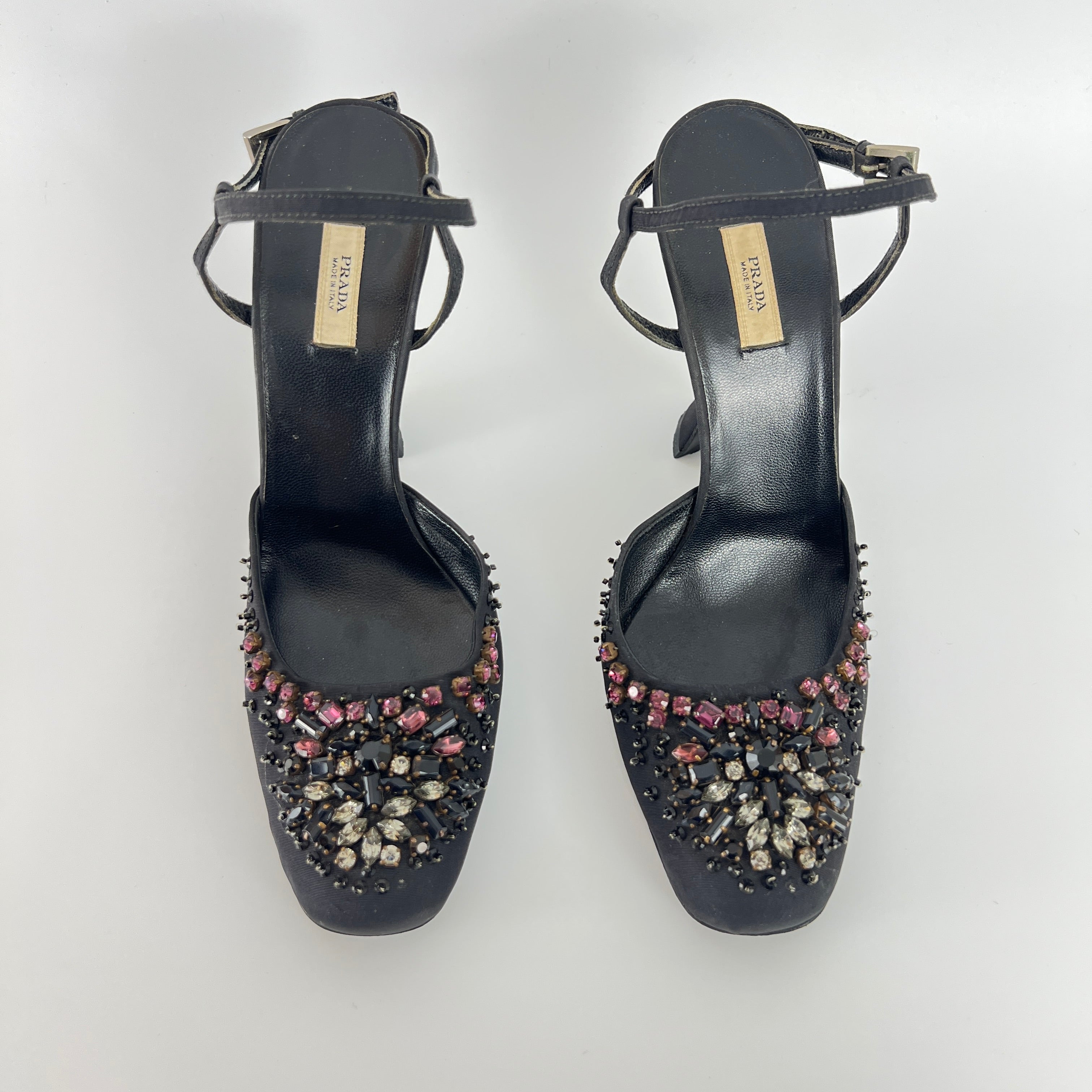 Prada | Vintage Black Satin Purple Beaded Curved Heel Ankle Strap Y2K (37.5)