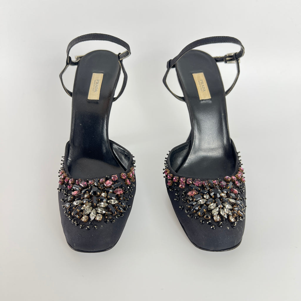 Prada | Vintage Black Satin Purple Beaded Curved Heel Ankle Strap Y2K (37.5)