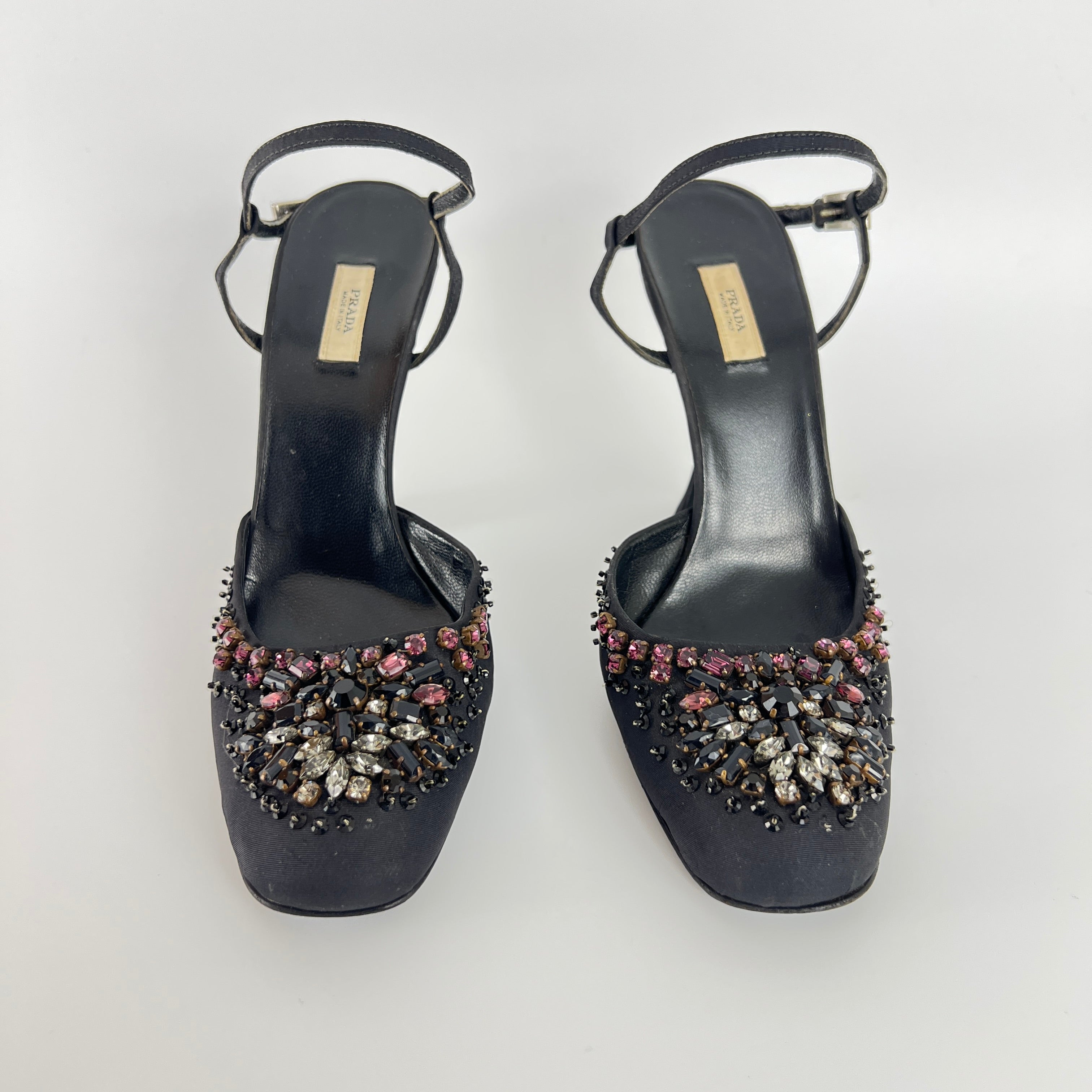 Prada | Vintage Black Satin Purple Beaded Curved Heel Ankle Strap Y2K (37.5)