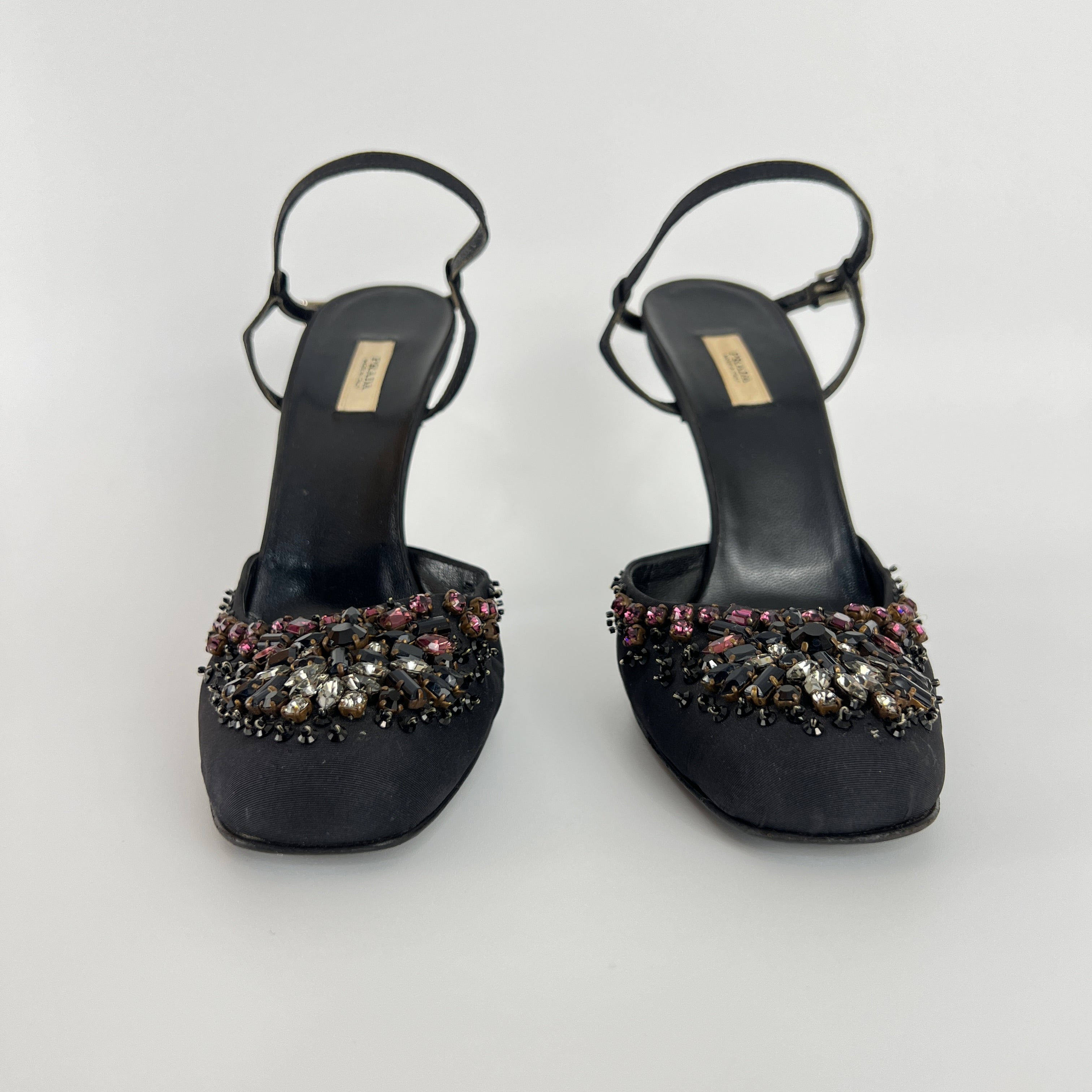 Prada | Vintage Black Satin Purple Beaded Curved Heel Ankle Strap Y2K (37.5)