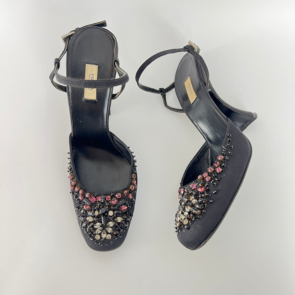 Prada | Vintage Black Satin Purple Beaded Curved Heel Ankle Strap Y2K (37.5)