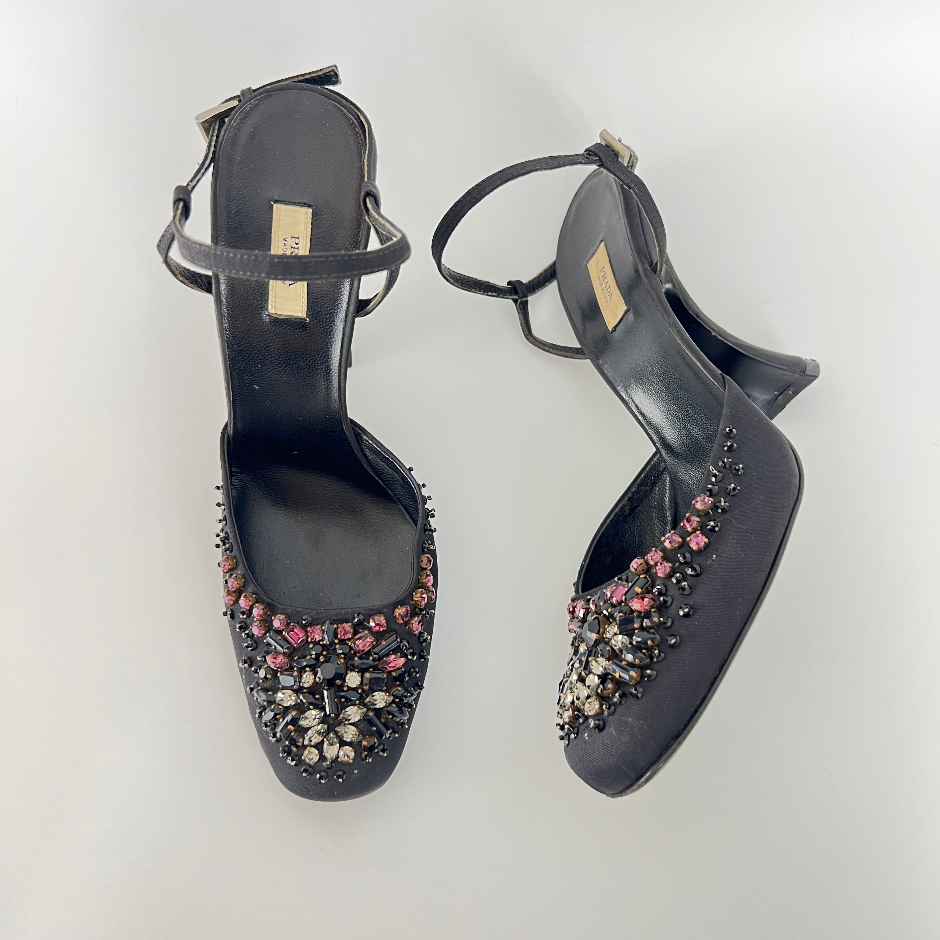 Prada | Vintage Black Satin Purple Beaded Curved Heel Ankle Strap Y2K (37.5)