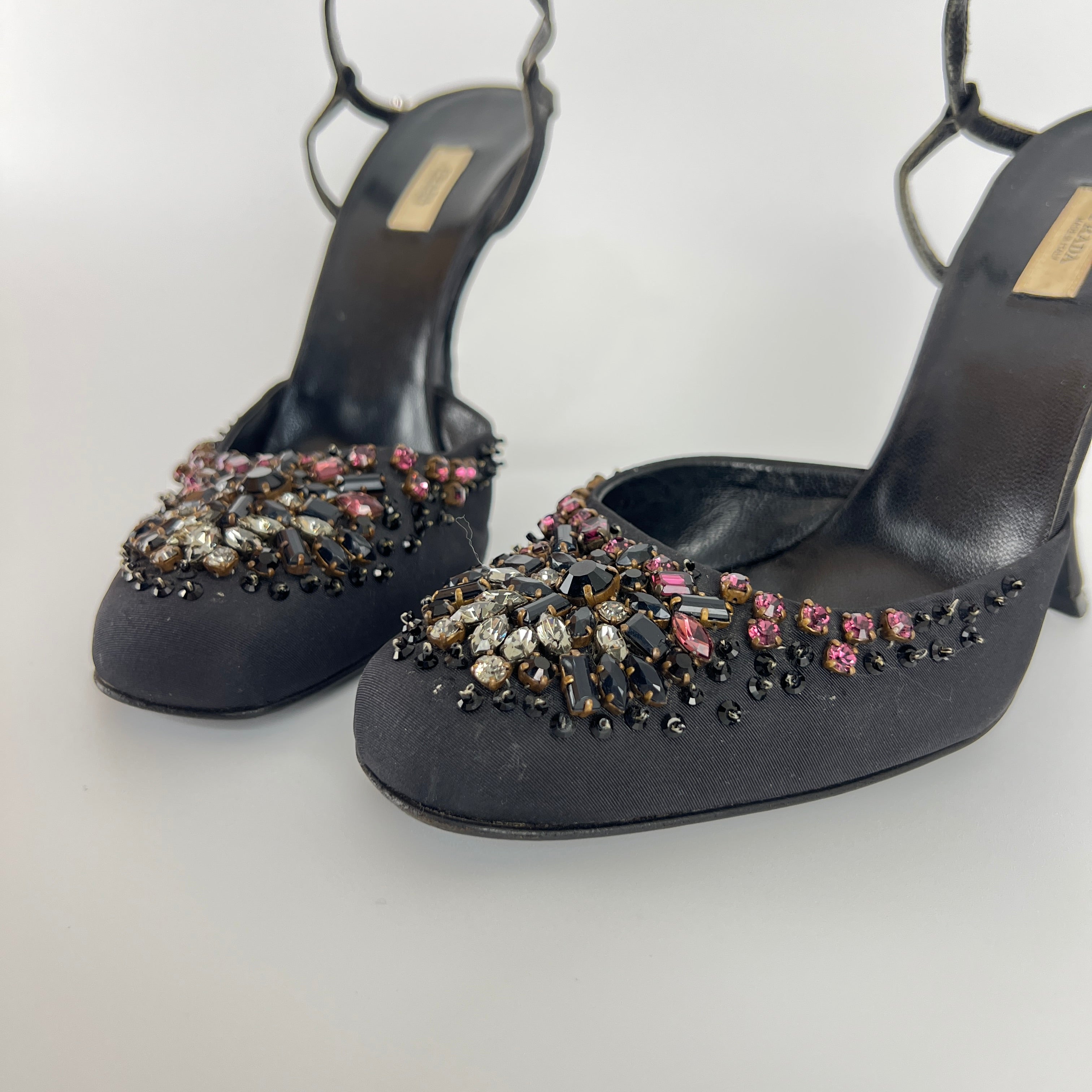 Prada | Vintage Black Satin Purple Beaded Curved Heel Ankle Strap Y2K (37.5)