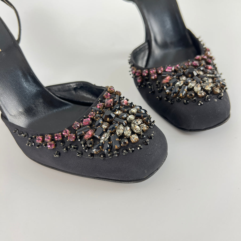 Prada | Vintage Black Satin Purple Beaded Curved Heel Ankle Strap Y2K (37.5)