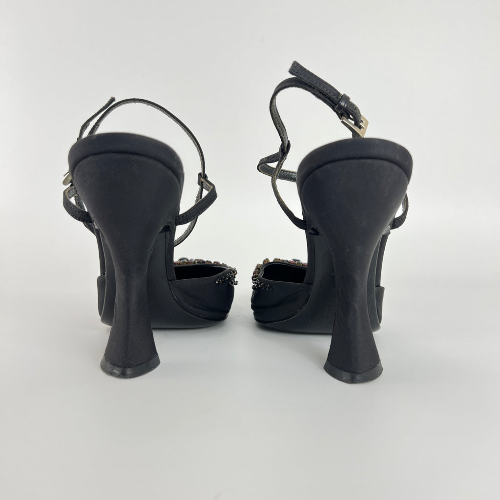 Prada | Vintage Black Satin Purple Beaded Curved Heel Ankle Strap Y2K (37.5)