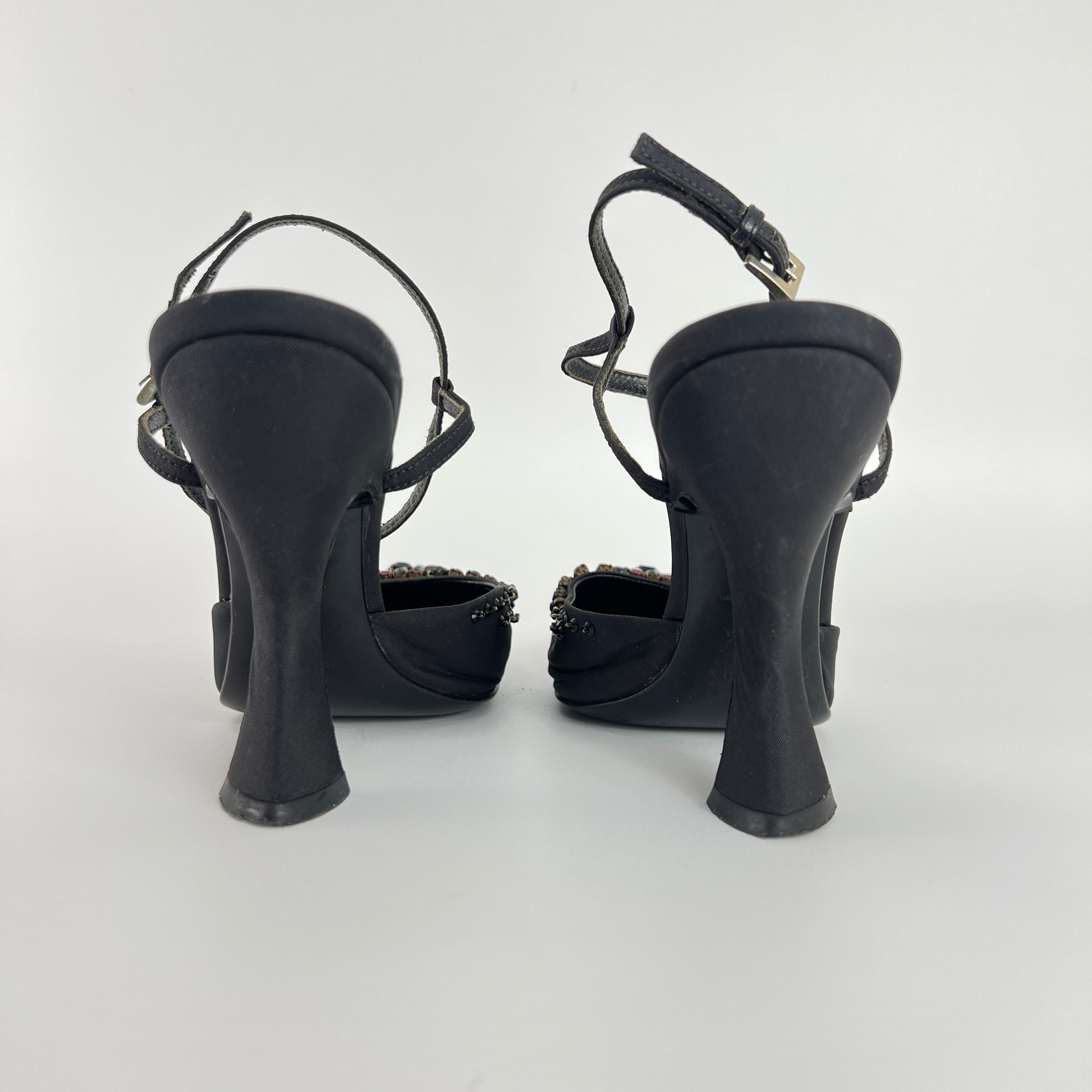 Prada | Vintage Black Satin Purple Beaded Curved Heel Ankle Strap Y2K (37.5)