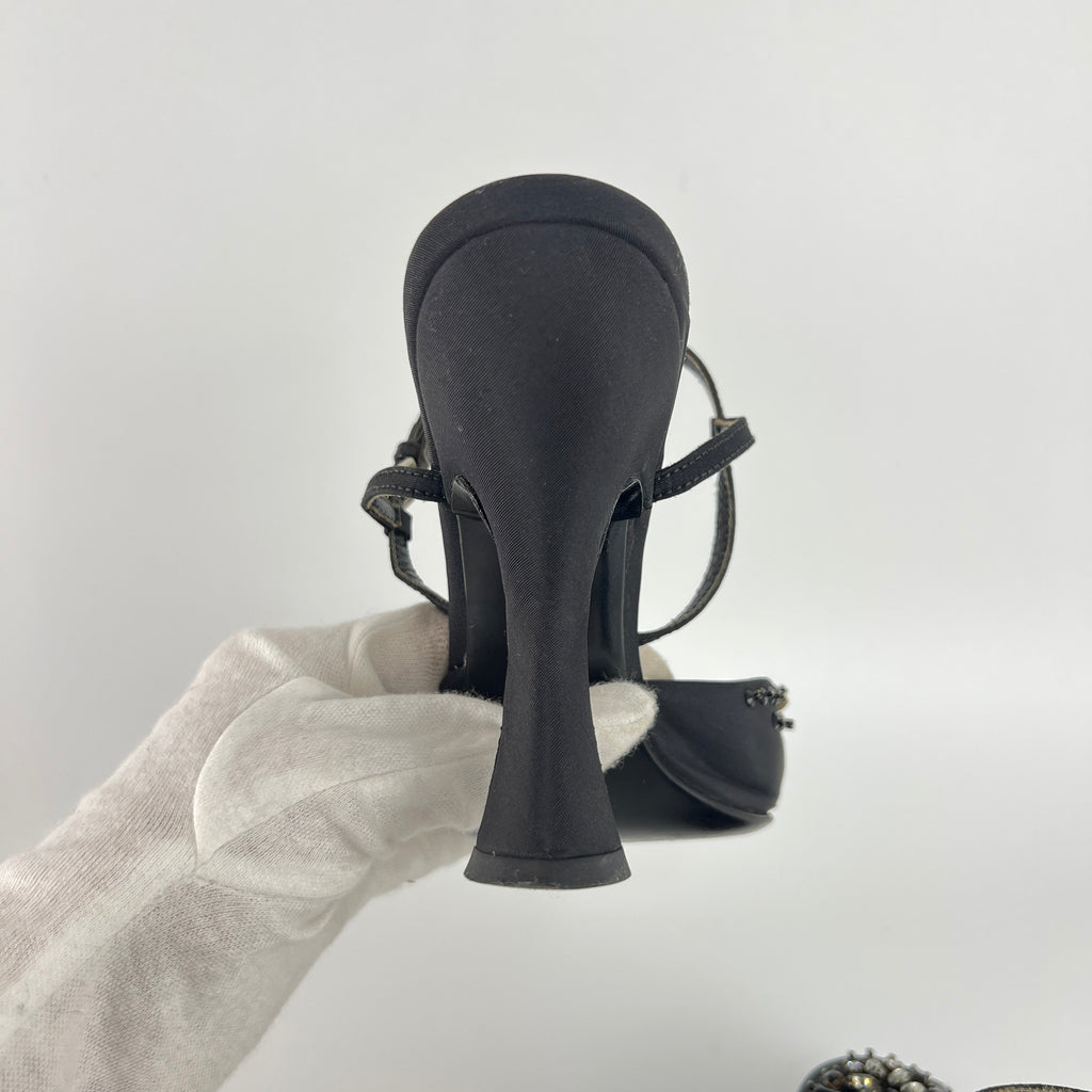 Prada | Vintage Black Satin Purple Beaded Curved Heel Ankle Strap Y2K (37.5)