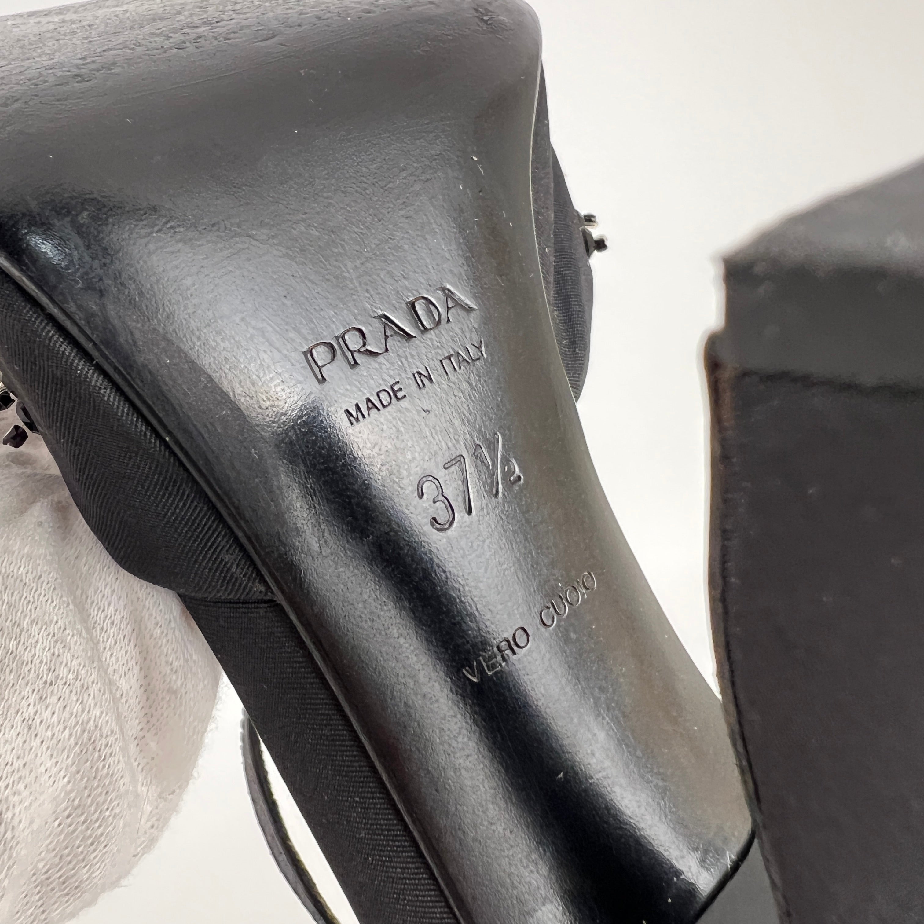 Prada | Vintage Black Satin Purple Beaded Curved Heel Ankle Strap Y2K (37.5)