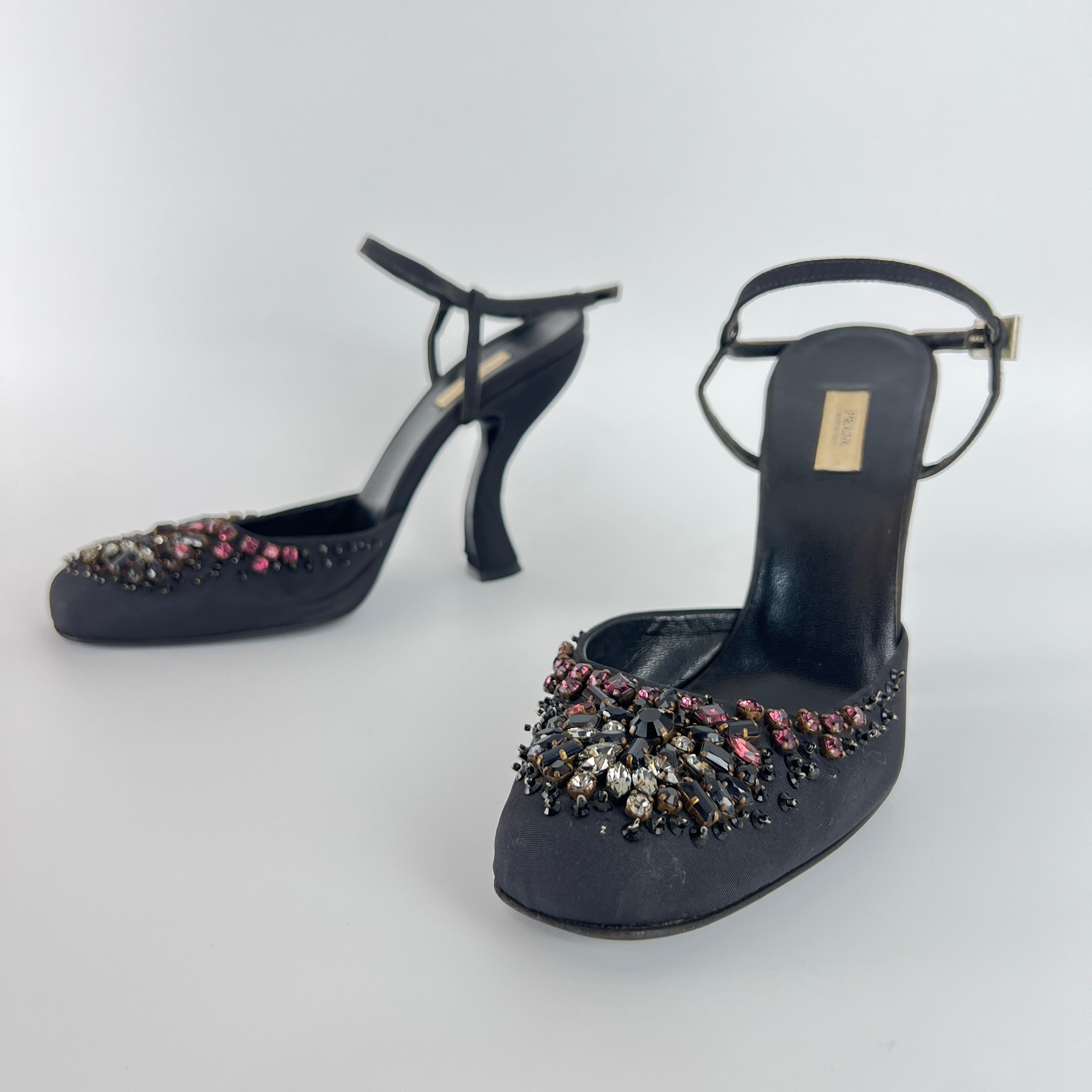 Prada | Vintage Black Satin Purple Beaded Curved Heel Ankle Strap Y2K (37.5)