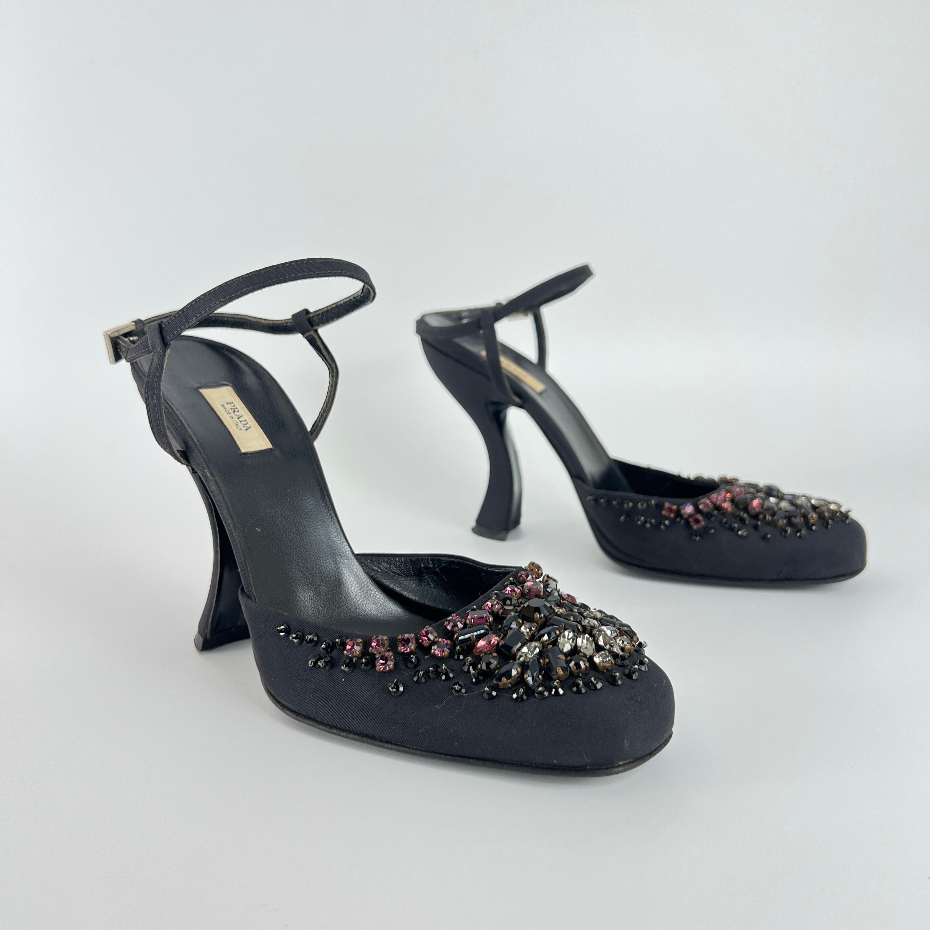 Prada | Vintage Black Satin Purple Beaded Curved Heel Ankle Strap Y2K (37.5)