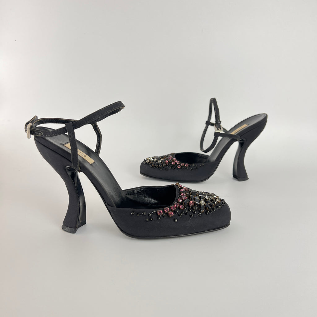 Prada | Vintage Black Satin Purple Beaded Curved Heel Ankle Strap Y2K (37.5)