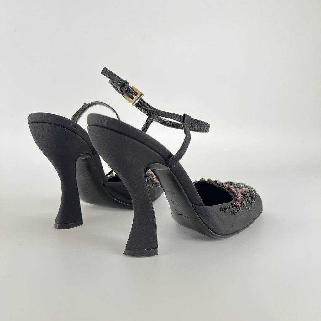 Prada | Vintage Black Satin Purple Beaded Curved Heel Ankle Strap Y2K (37.5)