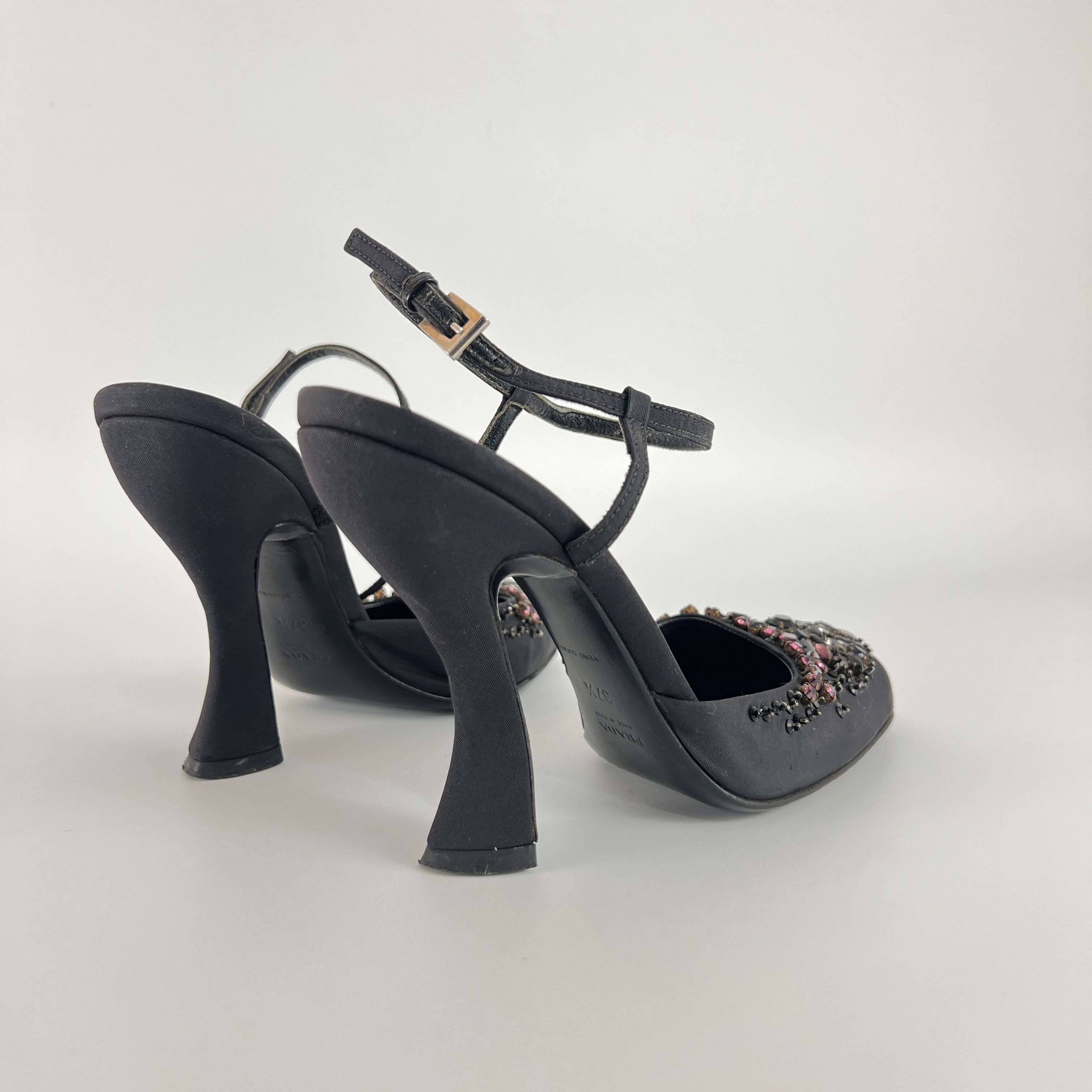 Prada | Vintage Black Satin Purple Beaded Curved Heel Ankle Strap Y2K (37.5)