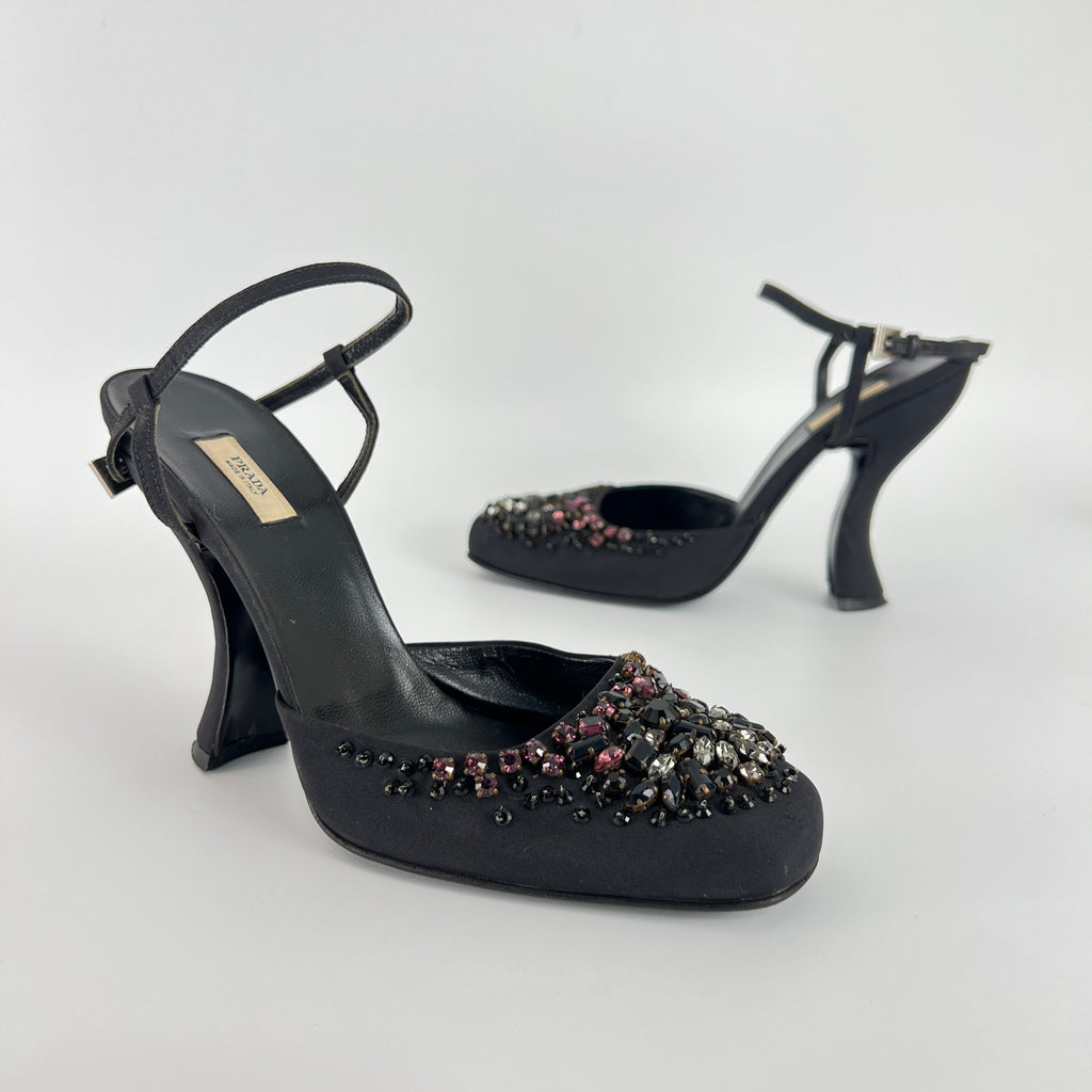 Prada | Vintage Black Satin Purple Beaded Curved Heel Ankle Strap Y2K (37.5)