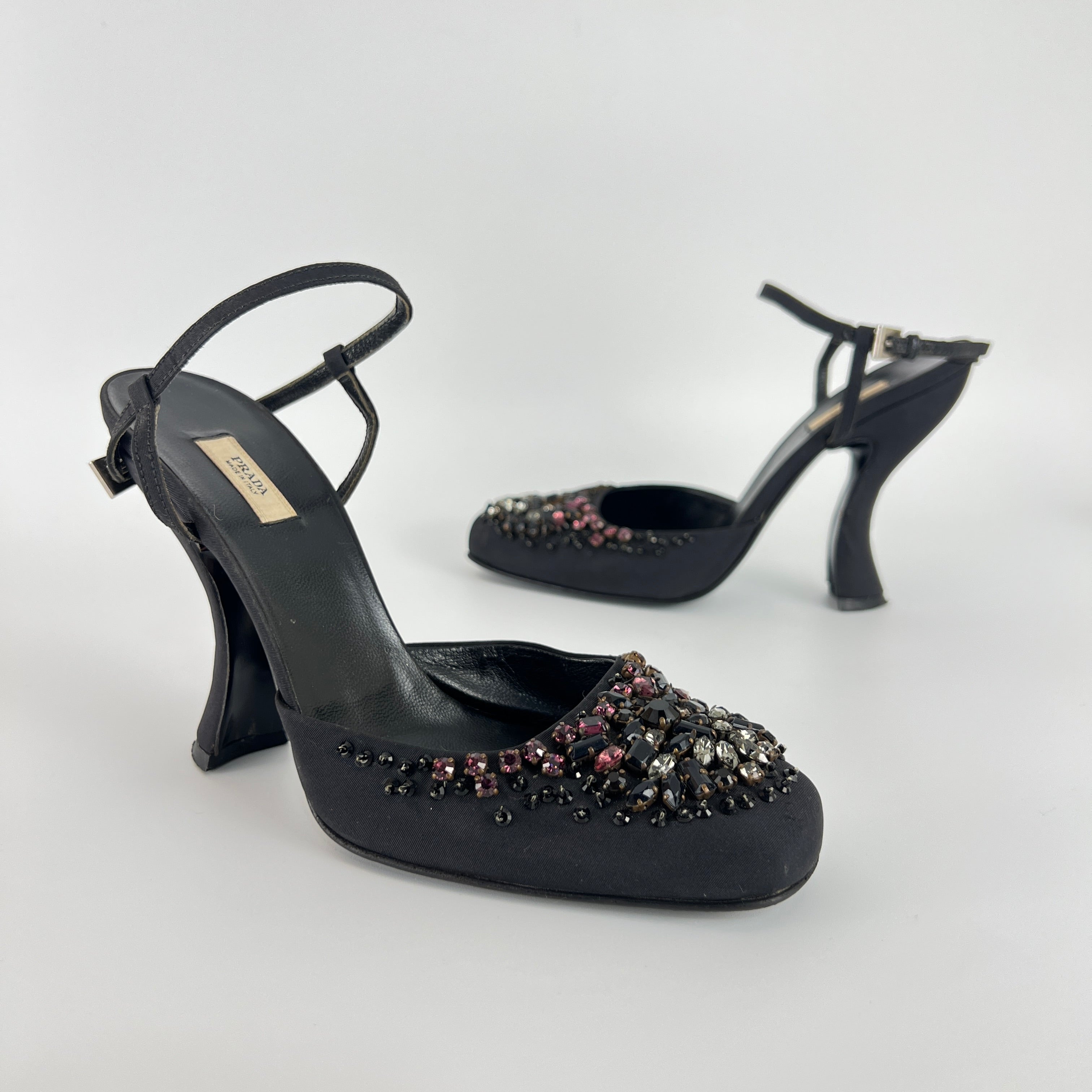 Prada | Vintage Black Satin Purple Beaded Curved Heel Ankle Strap Y2K (37.5)