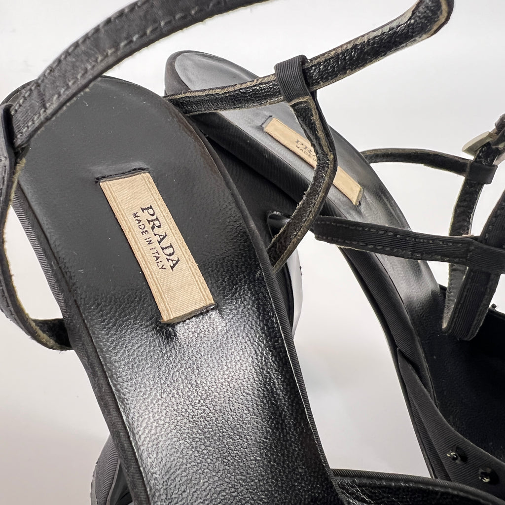 Prada | Vintage Black Satin Purple Beaded Curved Heel Ankle Strap Y2K (37.5)