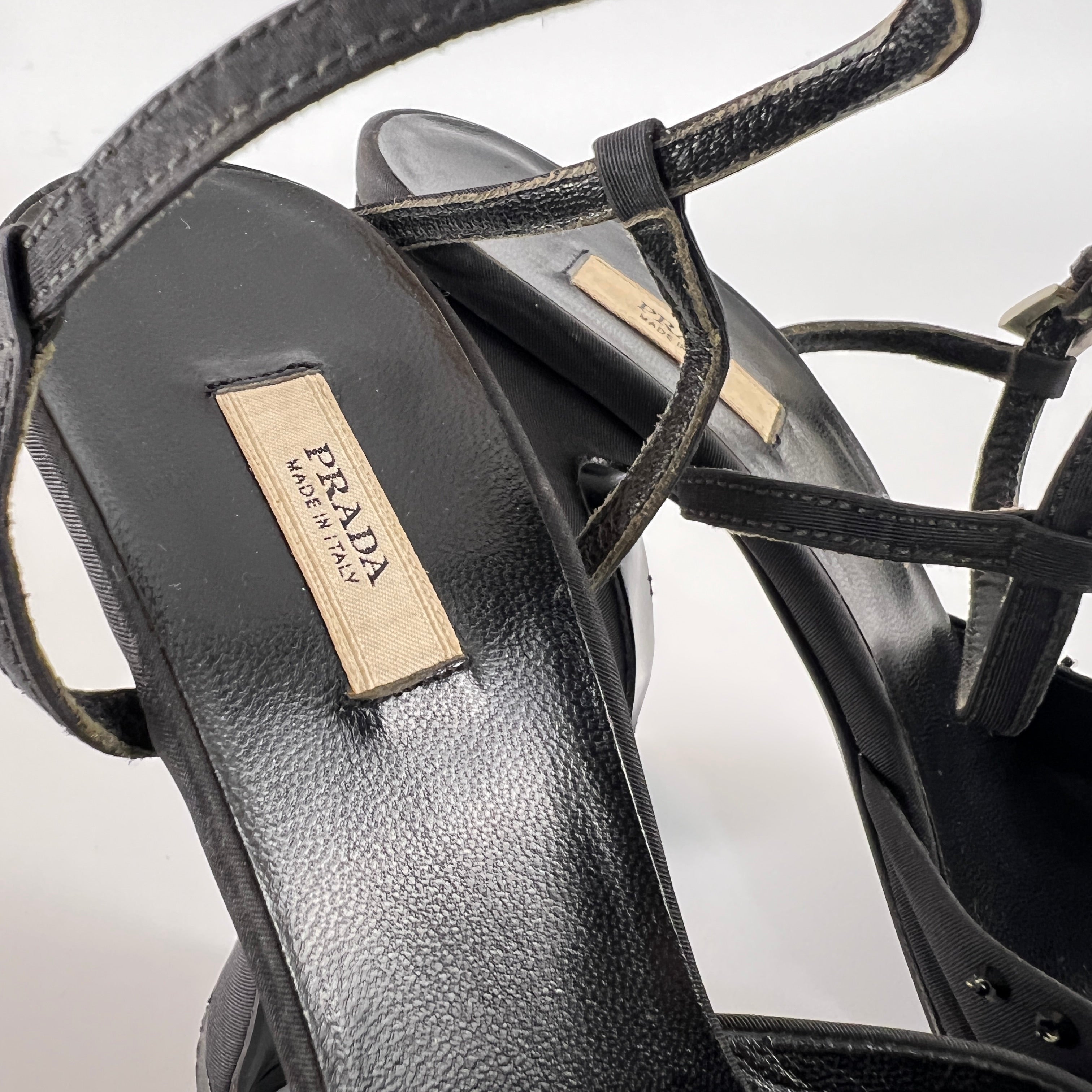 Prada | Vintage Black Satin Purple Beaded Curved Heel Ankle Strap Y2K (37.5)