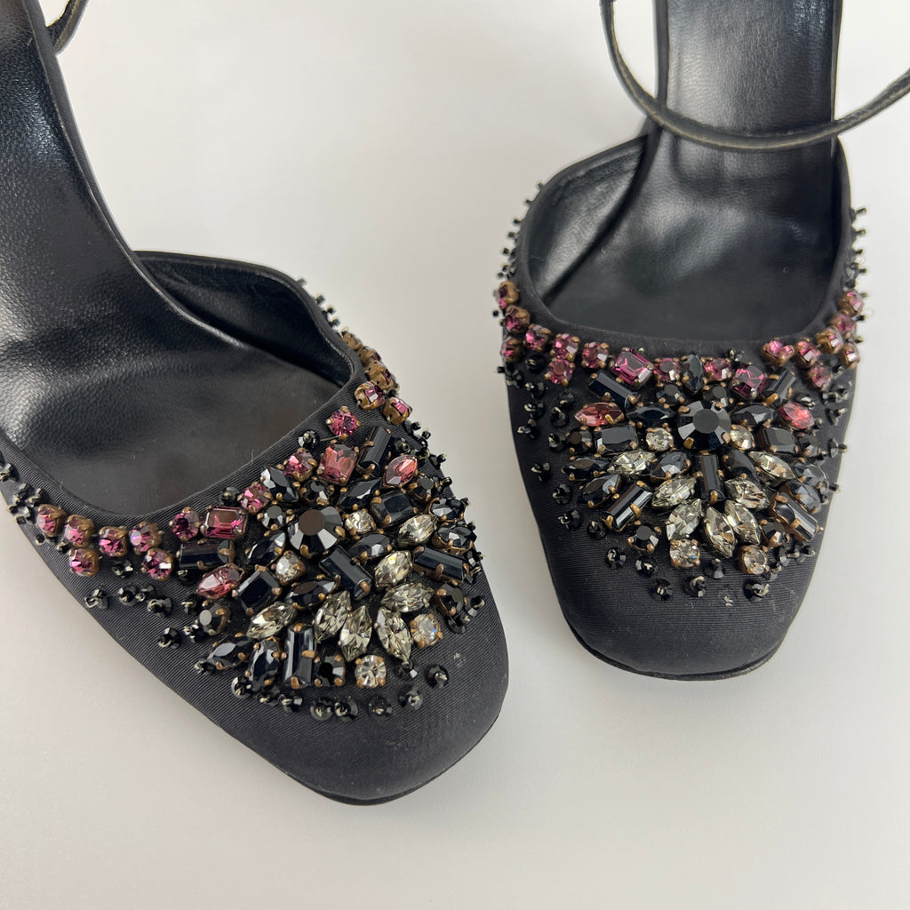 Prada | Vintage Black Satin Purple Beaded Curved Heel Ankle Strap Y2K (37.5)